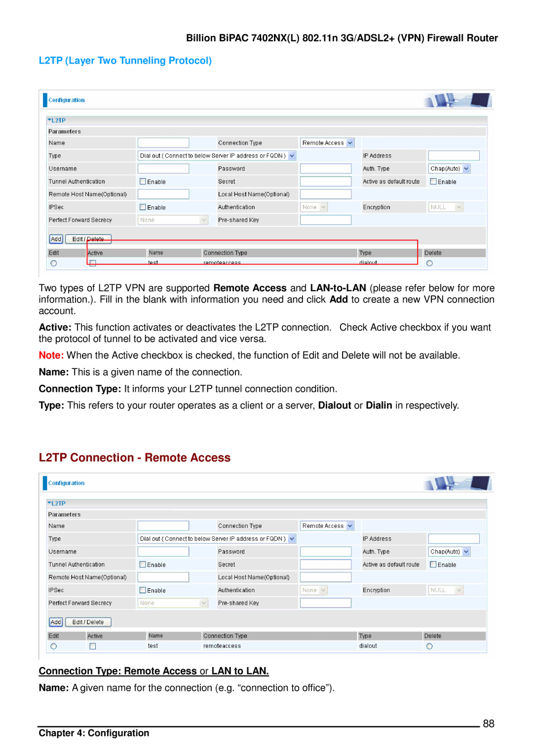 Billion Electric Company 7402NX user manual L2TP Connection Remote Access, L2TP Layer Two Tunneling Protocol 