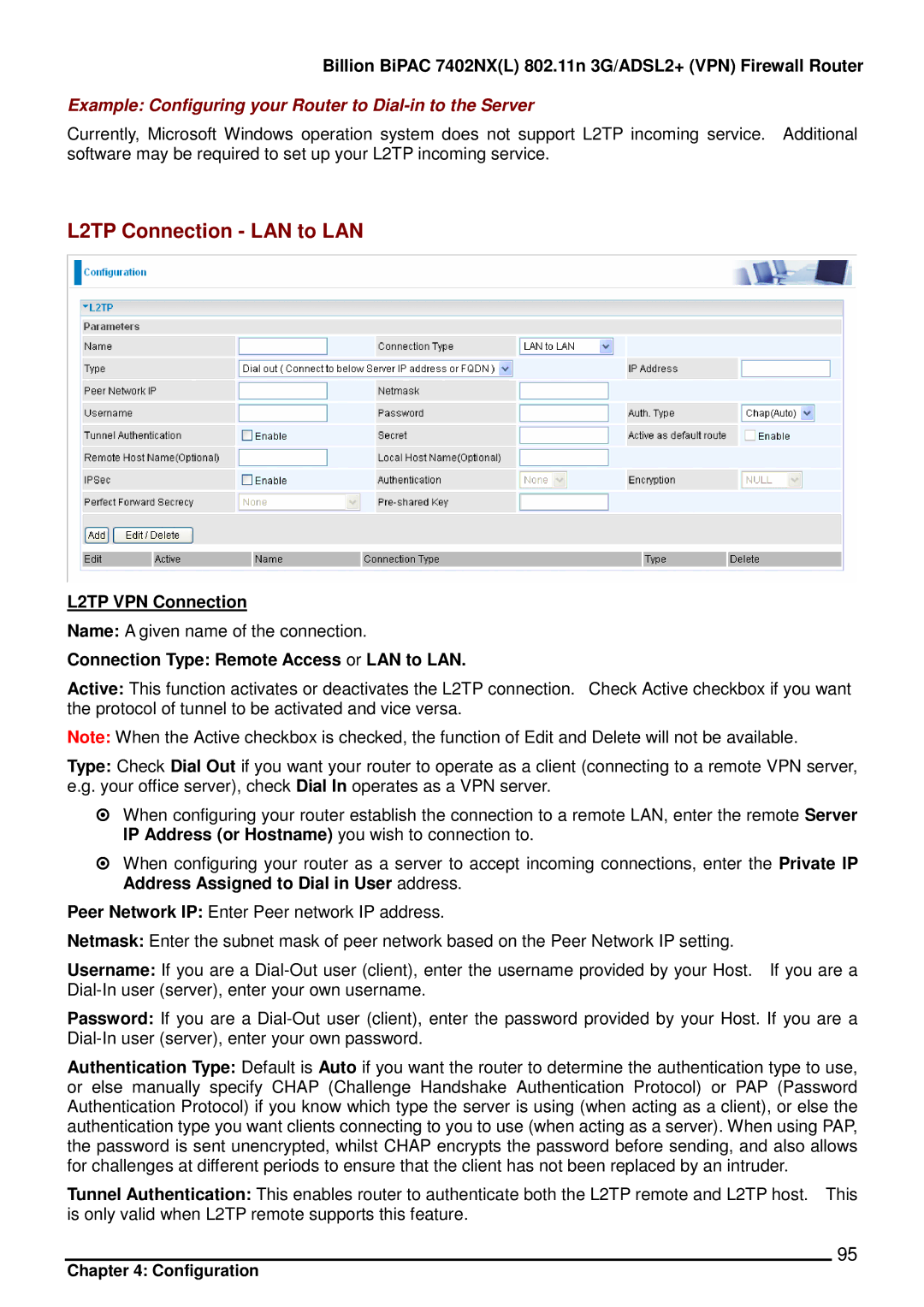 Billion Electric Company 7402NX user manual Example Configuring your Router to Dial-in to the Server, L2TP VPN Connection 