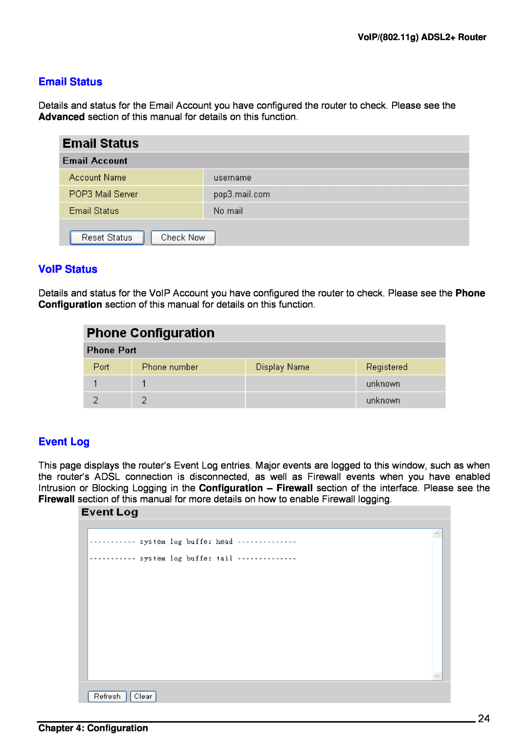 Billion Electric Company 7402VL user manual Email Status, VoIP Status, Event Log 