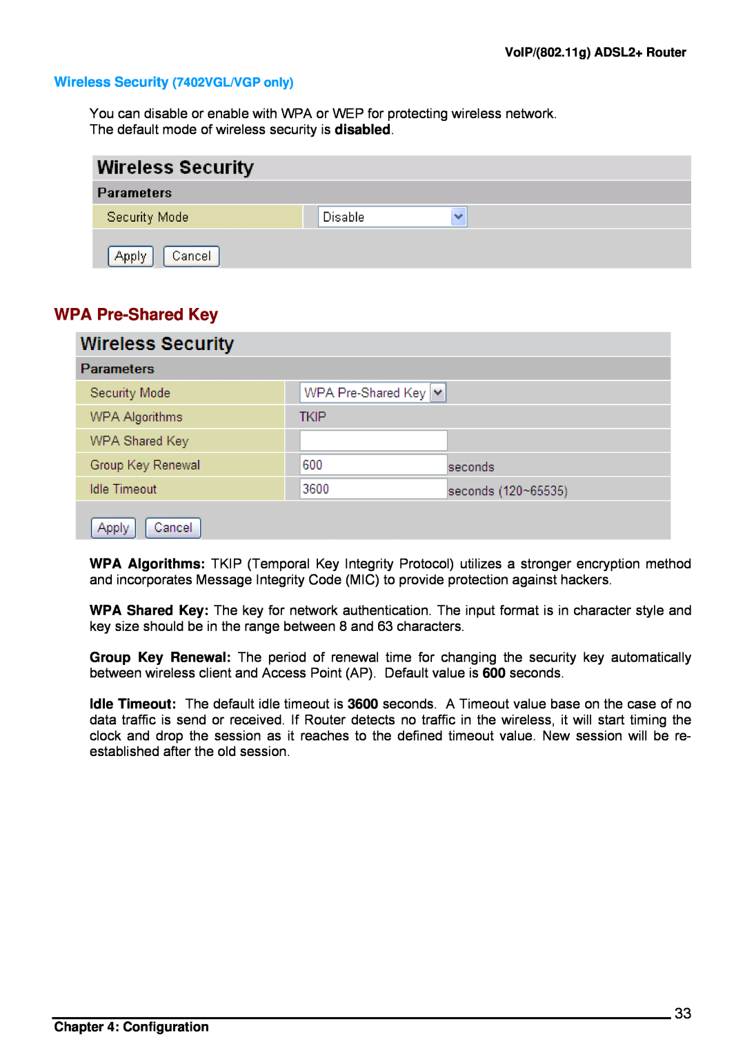 Billion Electric Company 7402VL user manual WPA Pre-Shared Key, Wireless Security 7402VGL/VGP only 