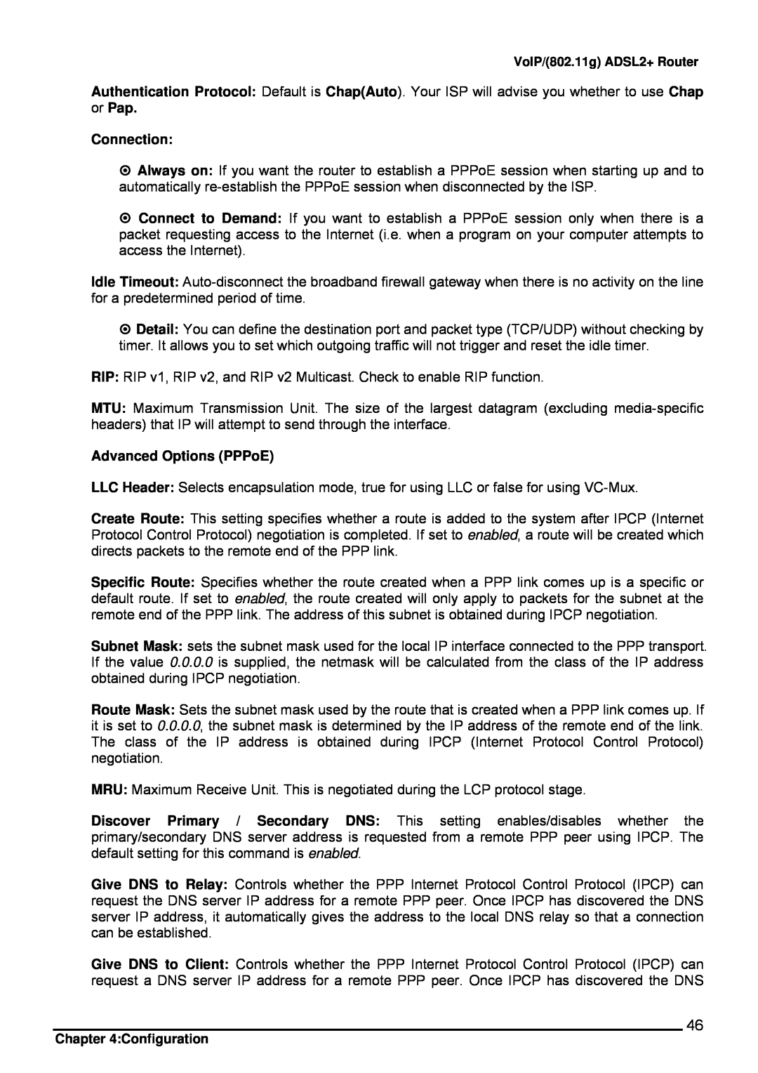 Billion Electric Company 7402VL user manual Connection, Advanced Options PPPoE, Configuration 