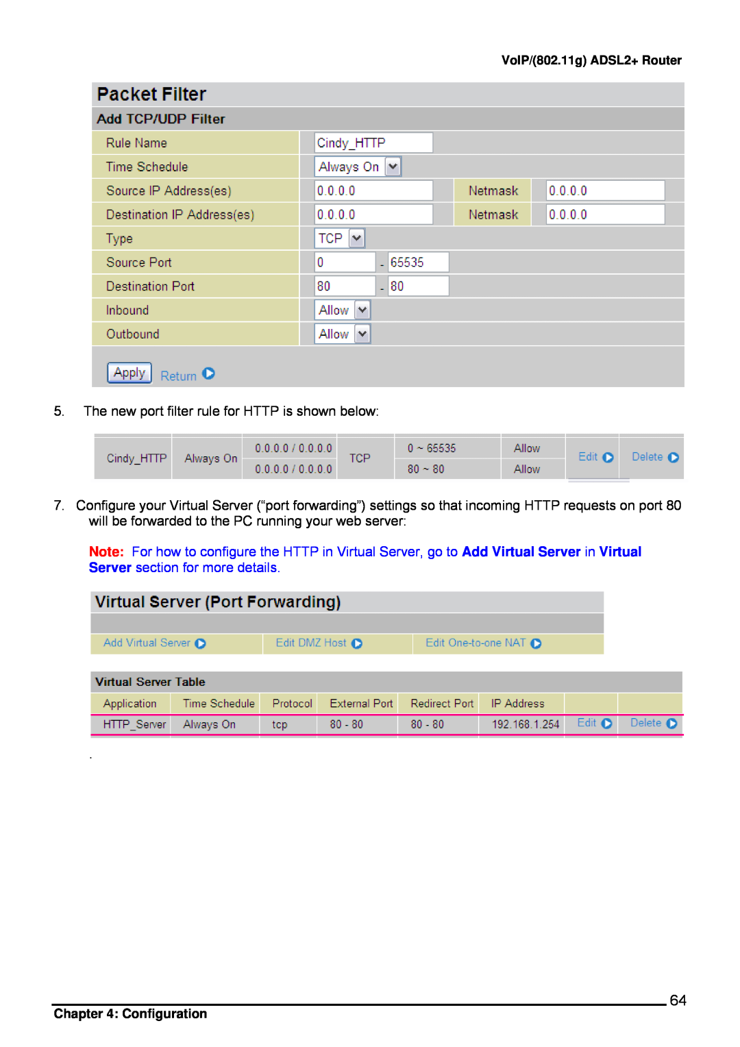 Billion Electric Company 7402VL user manual The new port filter rule for HTTP is shown below, VoIP/802.11g ADSL2+ Router 