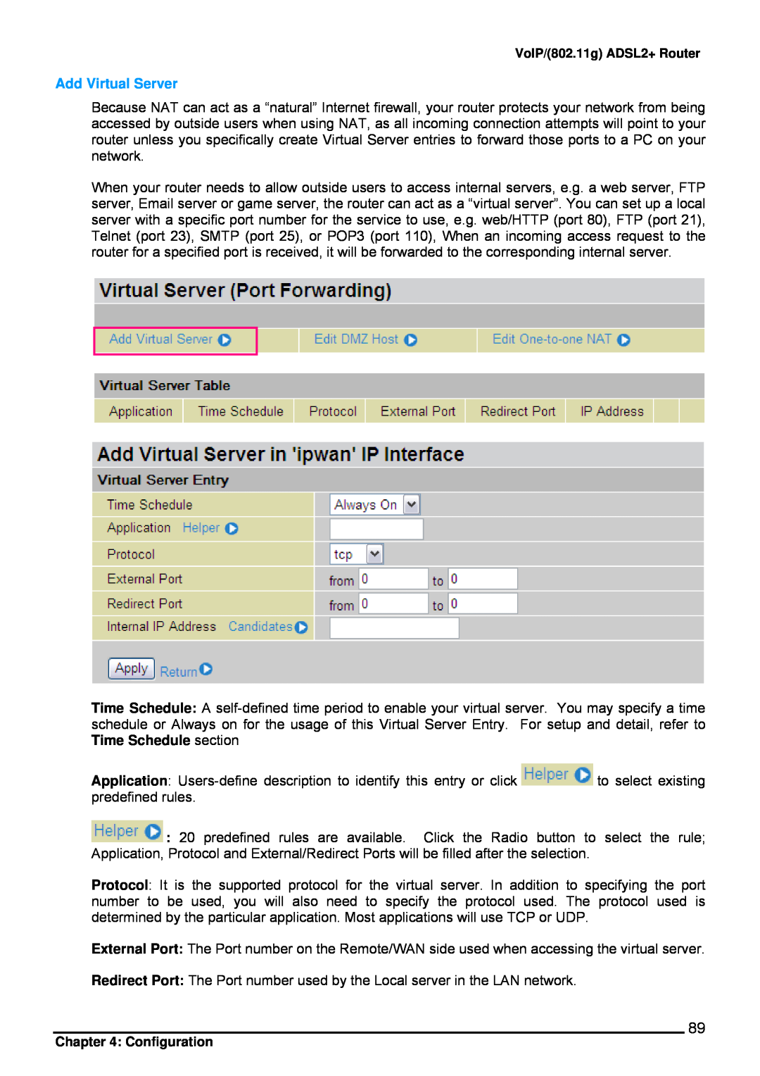 Billion Electric Company 7402VL user manual Add Virtual Server 