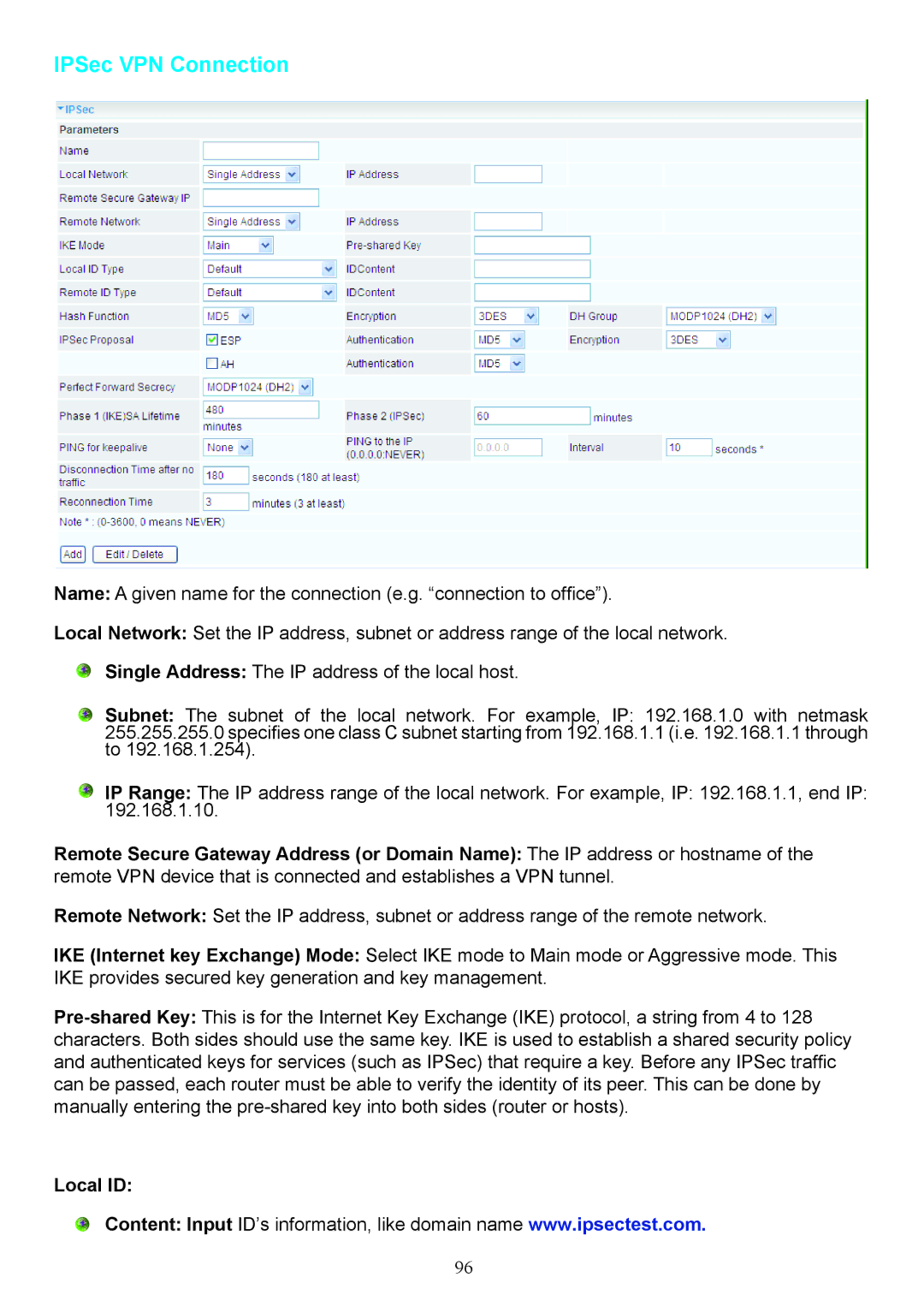 Billion Electric Company 7404V(G)PX, 7404V(G)OX user manual IPSec VPN Connection, Local ID 