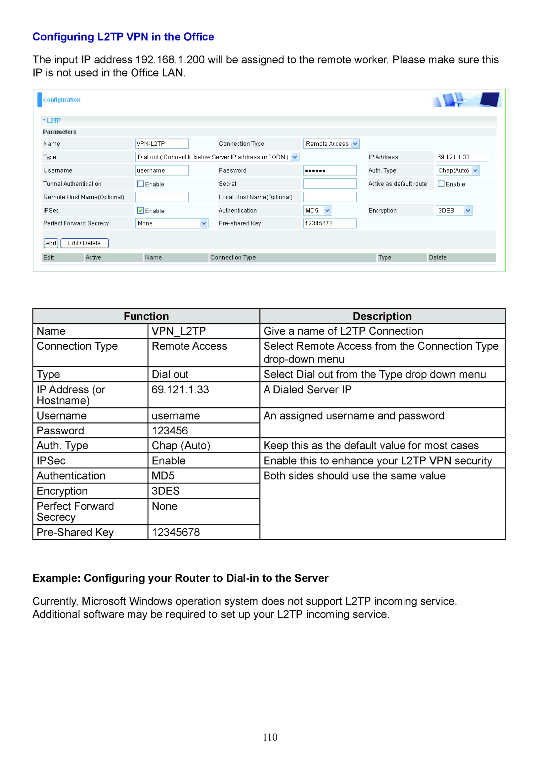 Billion Electric Company 7404V(G)PX, 7404V(G)OX user manual Example Configuring your Router to Dial-in to the Server 