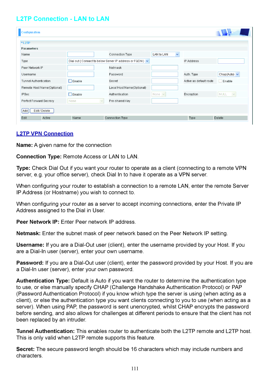 Billion Electric Company 7404V(G)OX, 7404V(G)PX user manual L2TP Connection LAN to LAN, L2TP VPN Connection 