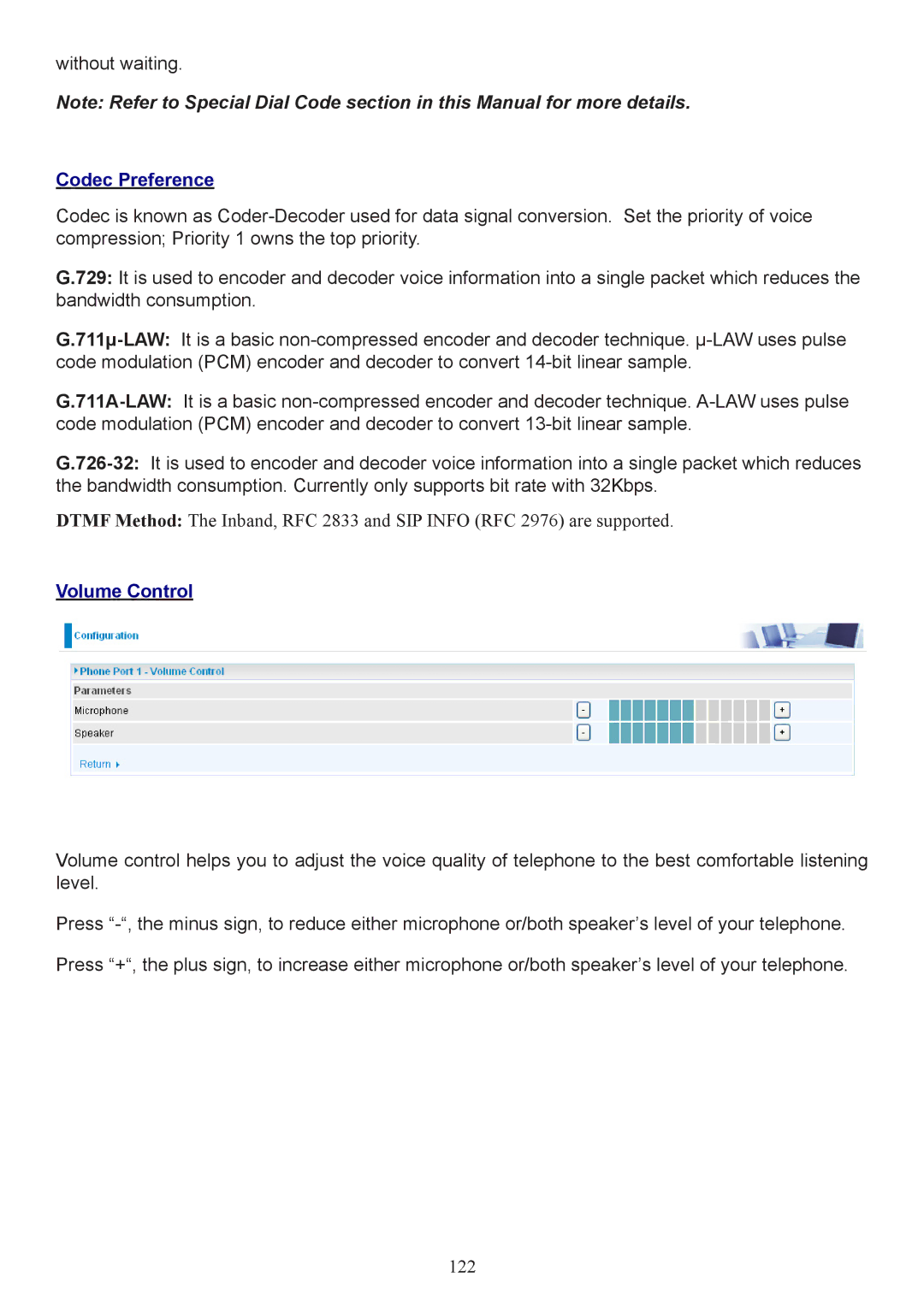 Billion Electric Company 7404V(G)PX, 7404V(G)OX user manual Codec Preference, Volume Control 