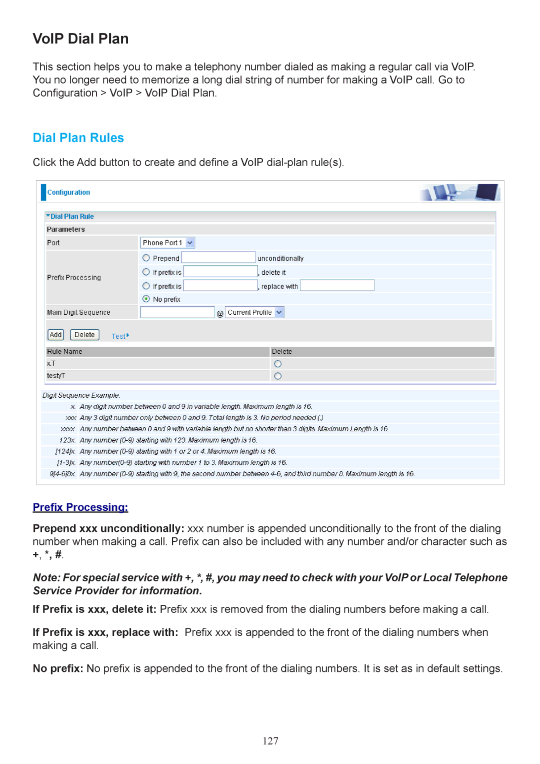 Billion Electric Company 7404V(G)OX, 7404V(G)PX user manual VoIP Dial Plan, Dial Plan Rules, Prefix Processing 