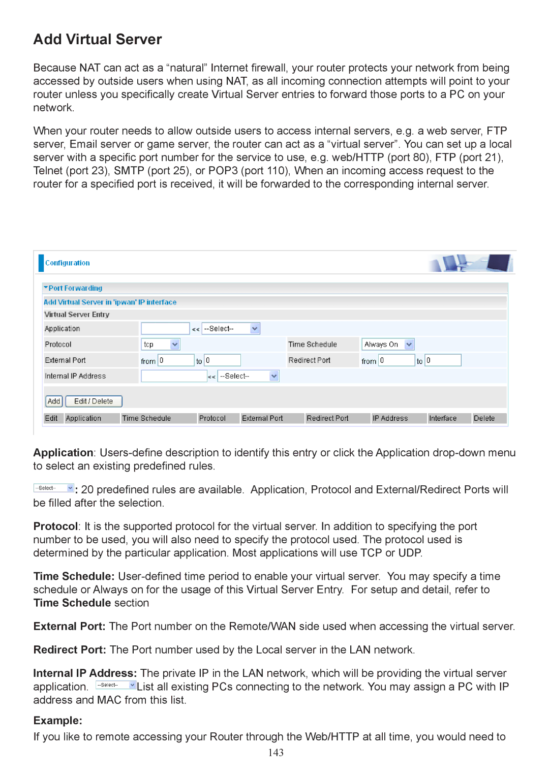 Billion Electric Company 7404V(G)OX, 7404V(G)PX user manual Add Virtual Server, Example 