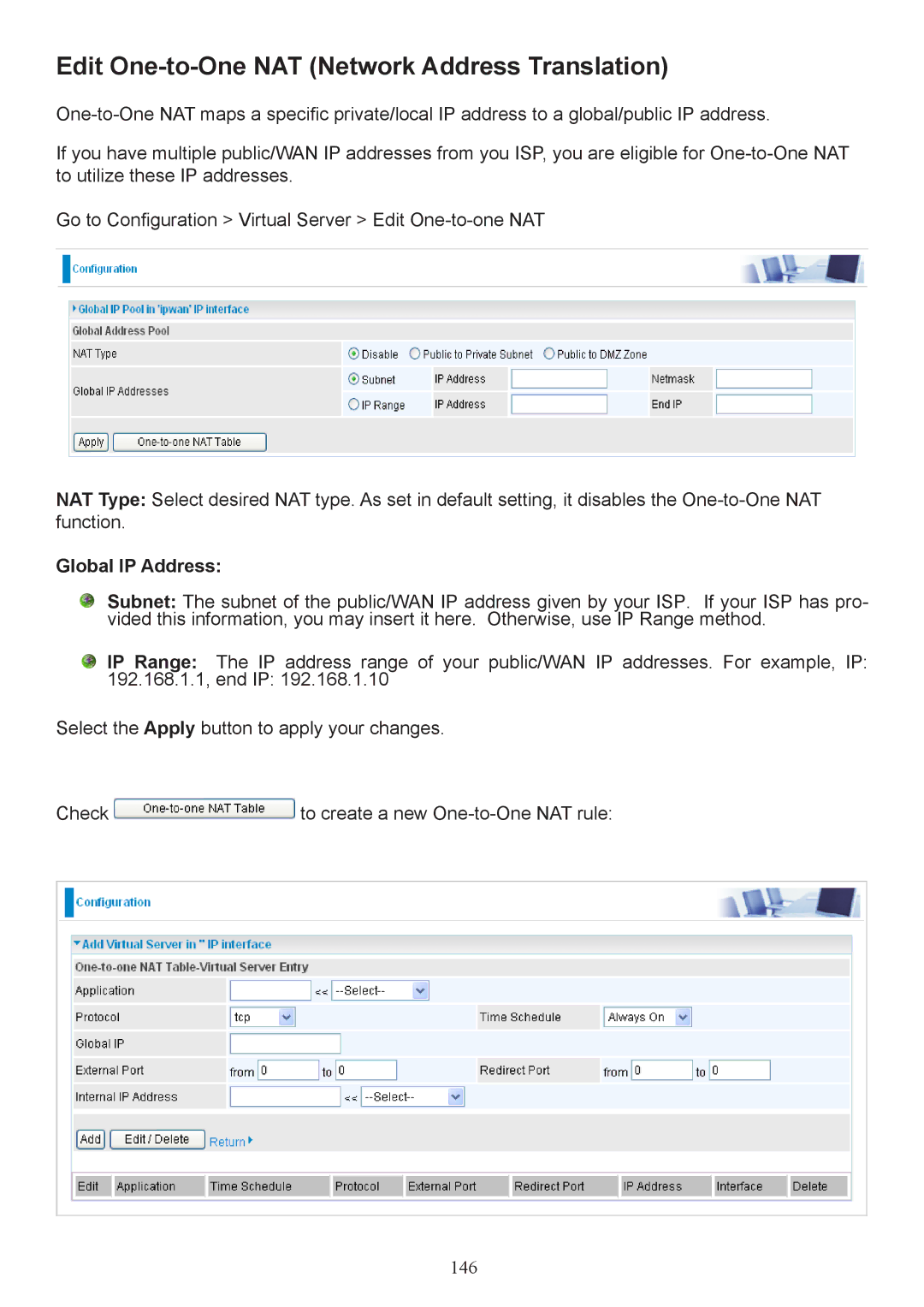 Billion Electric Company 7404V(G)PX, 7404V(G)OX Edit One-to-One NAT Network Address Translation, Global IP Address 