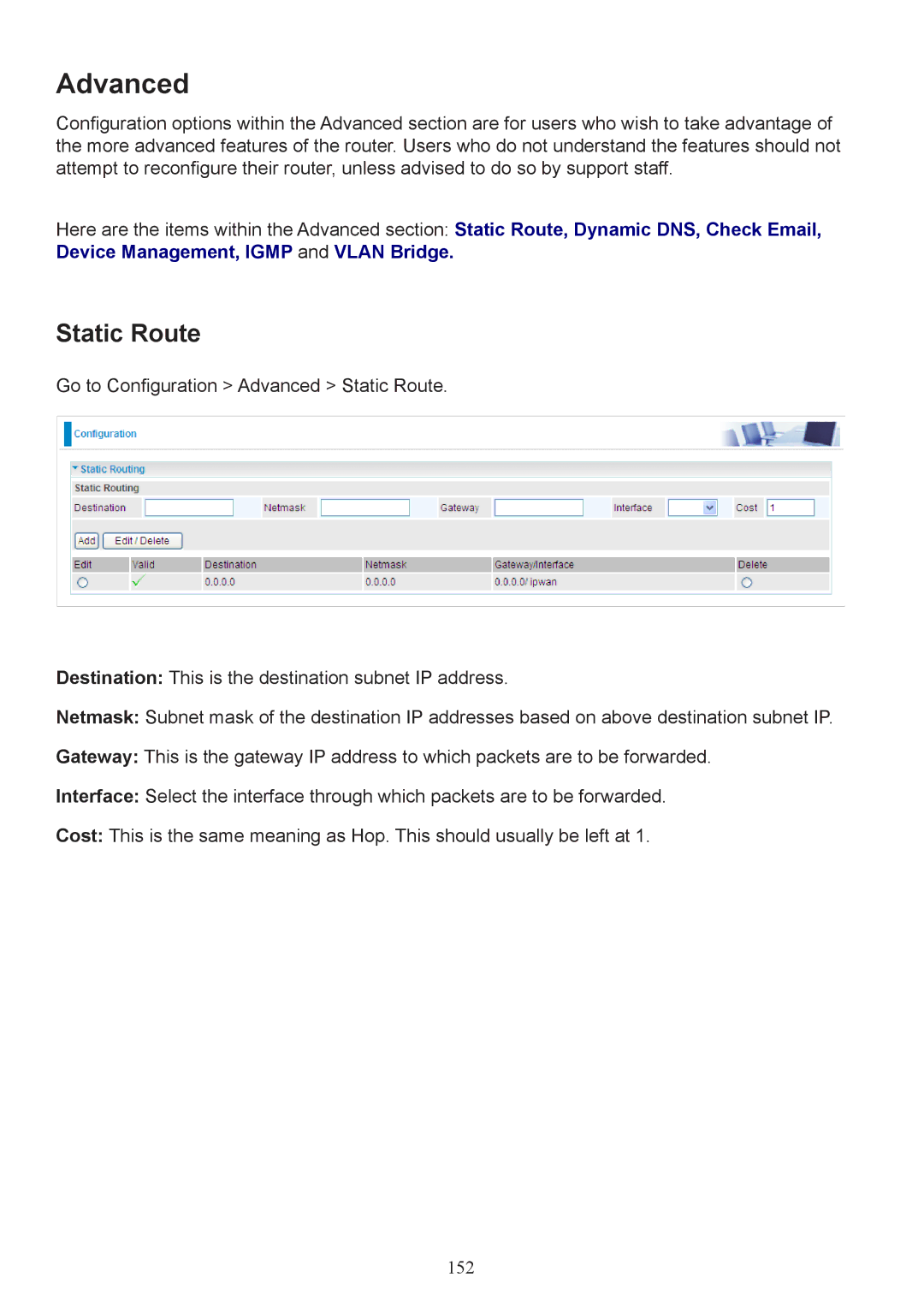 Billion Electric Company 7404V(G)PX, 7404V(G)OX user manual Advanced, Static Route 