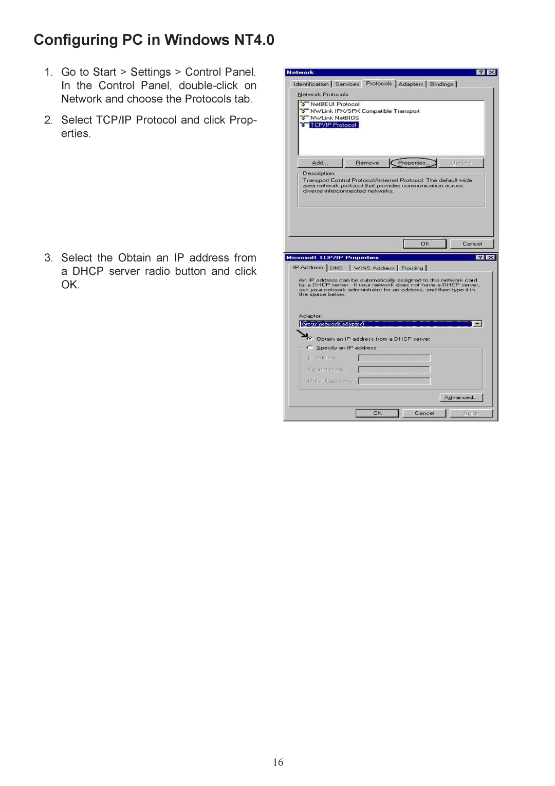 Billion Electric Company 7404V(G)PX, 7404V(G)OX user manual Configuring PC in Windows NT4.0 