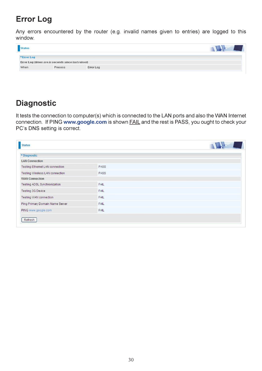 Billion Electric Company 7404V(G)PX, 7404V(G)OX user manual Error Log, Diagnostic 