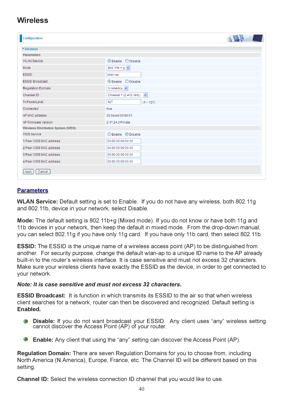 Billion Electric Company 7404V(G)PX, 7404V(G)OX user manual Wireless, Parameters, Enabled 