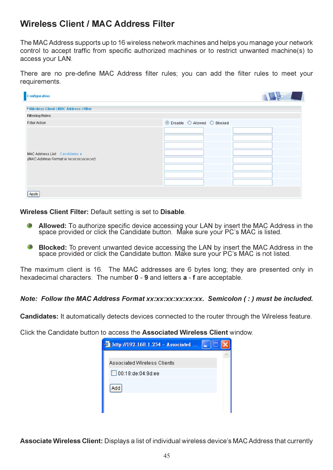 Billion Electric Company 7404V(G)OX, 7404V(G)PX user manual Wireless Client / MAC Address Filter 