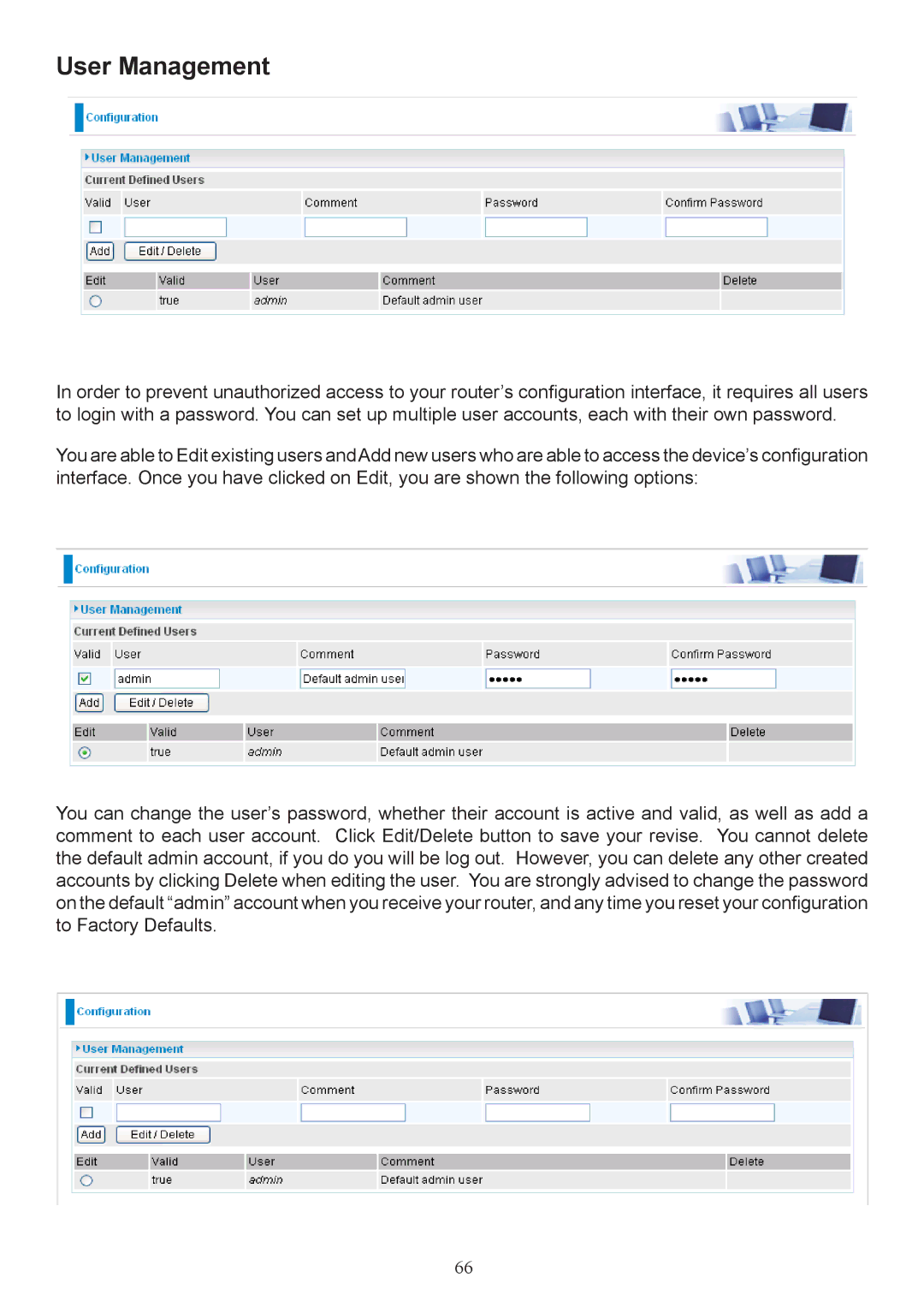 Billion Electric Company 7404V(G)PX, 7404V(G)OX user manual User Management 