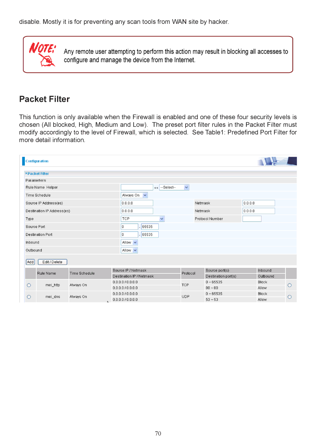 Billion Electric Company 7404V(G)PX, 7404V(G)OX user manual Packet Filter 