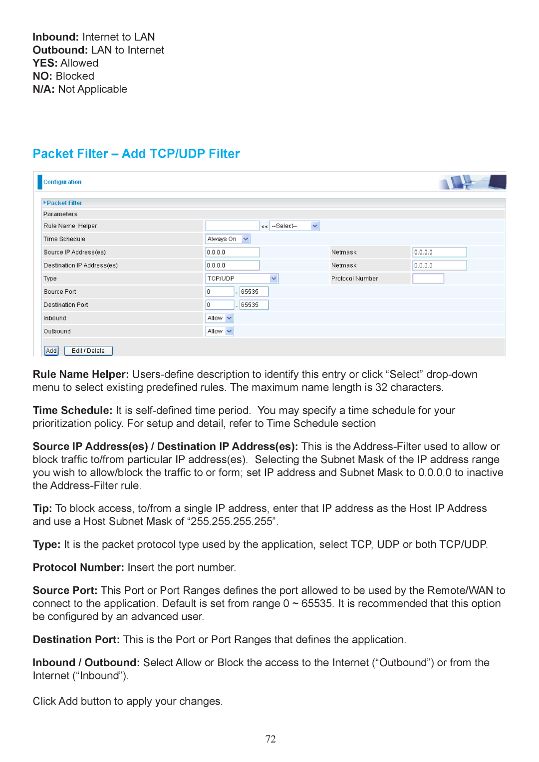 Billion Electric Company 7404V(G)PX, 7404V(G)OX user manual Packet Filter Add TCP/UDP Filter 