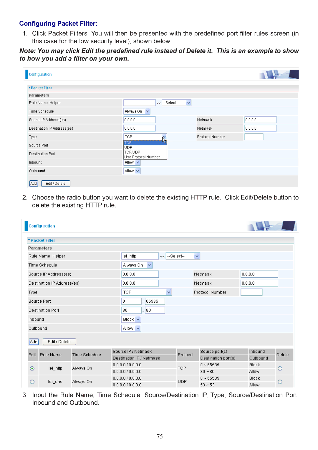 Billion Electric Company 7404V(G)OX, 7404V(G)PX user manual Configuring Packet Filter 