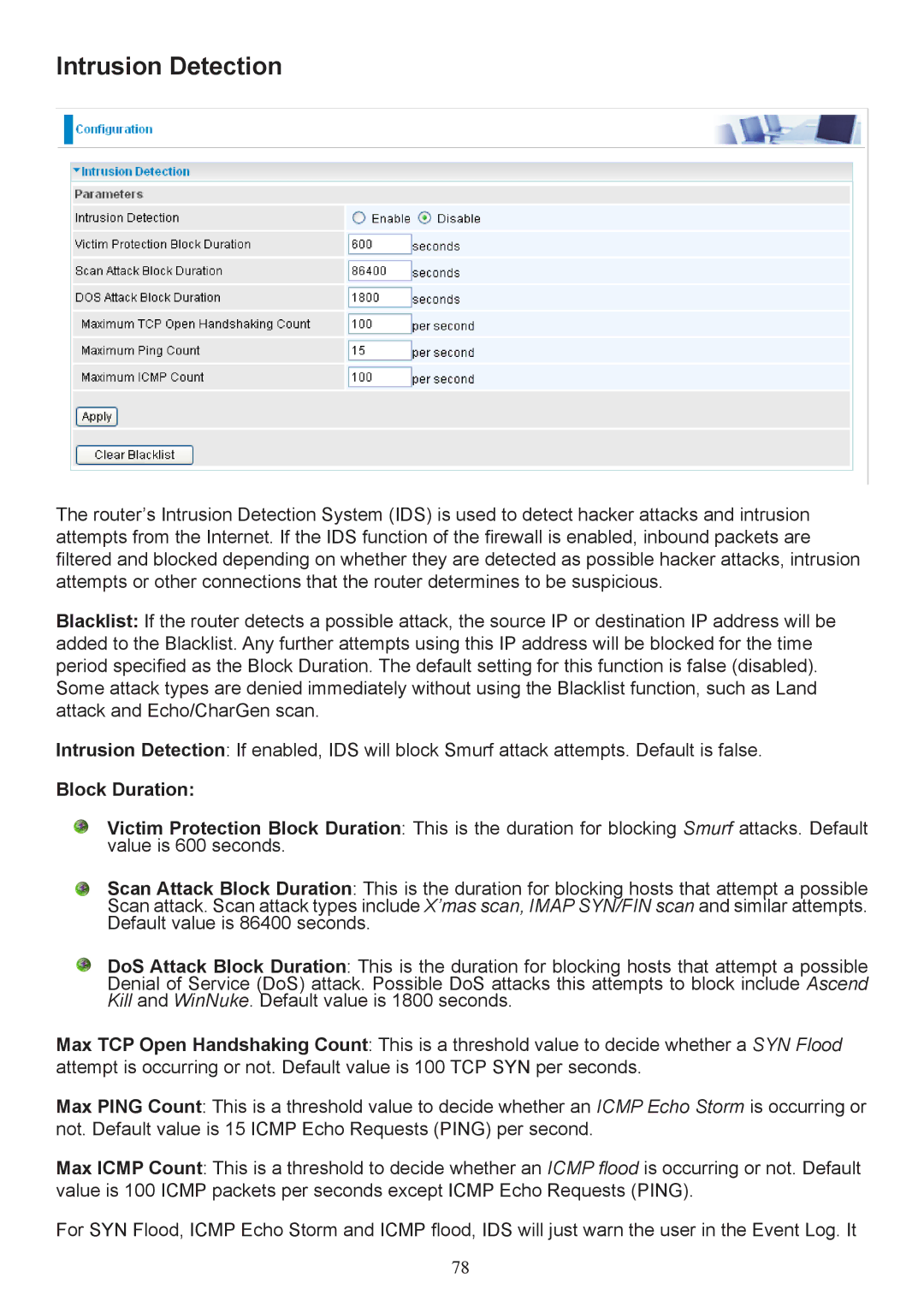 Billion Electric Company 7404V(G)PX, 7404V(G)OX user manual Intrusion Detection, Block Duration 