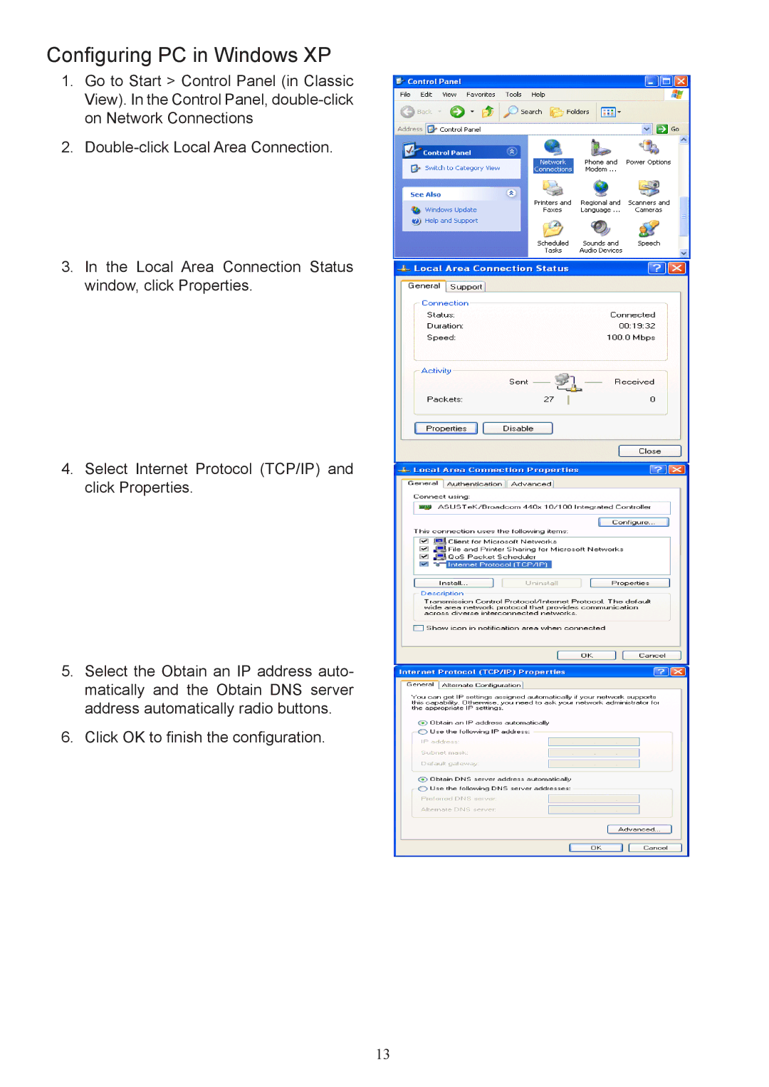 Billion Electric Company 7800 user manual Configuring PC in Windows XP 