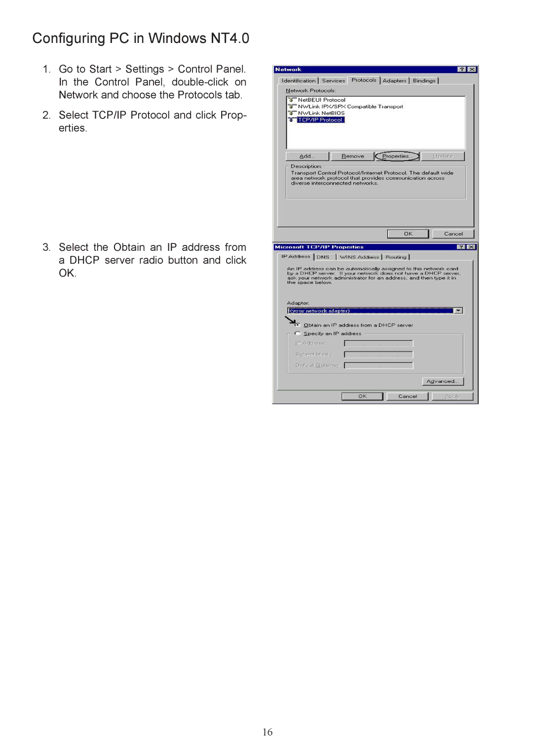 Billion Electric Company 7800 user manual Configuring PC in Windows NT4.0 