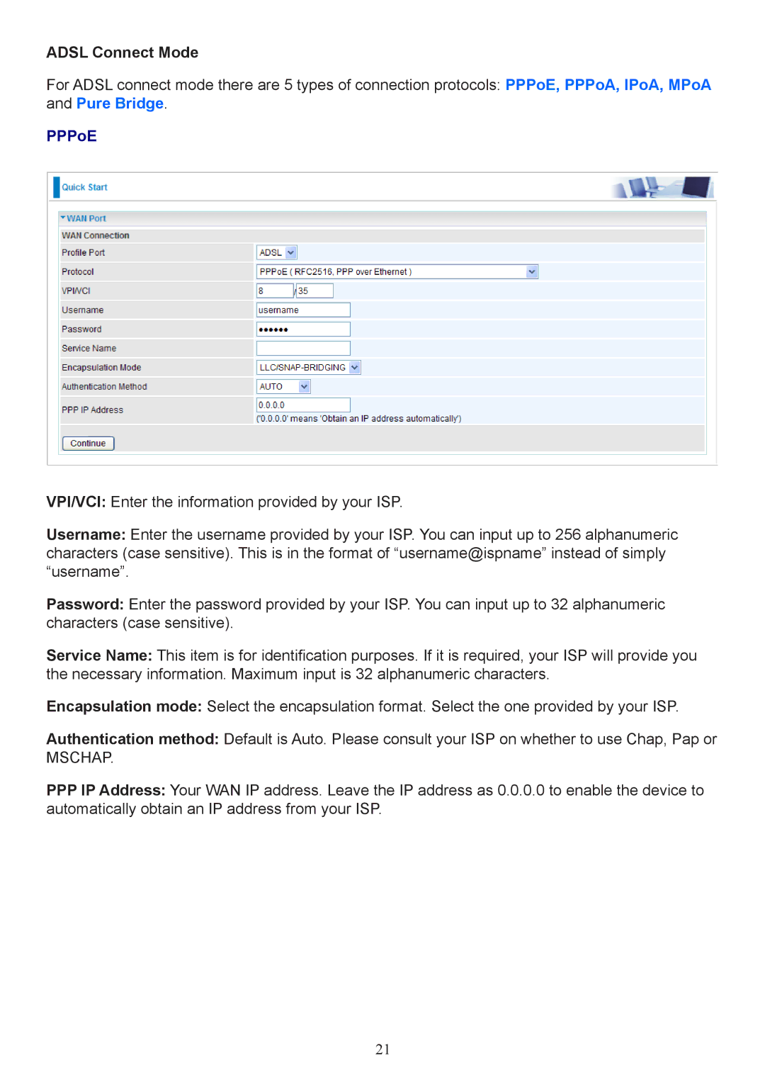 Billion Electric Company 7800 user manual Adsl Connect Mode, PPPoE 