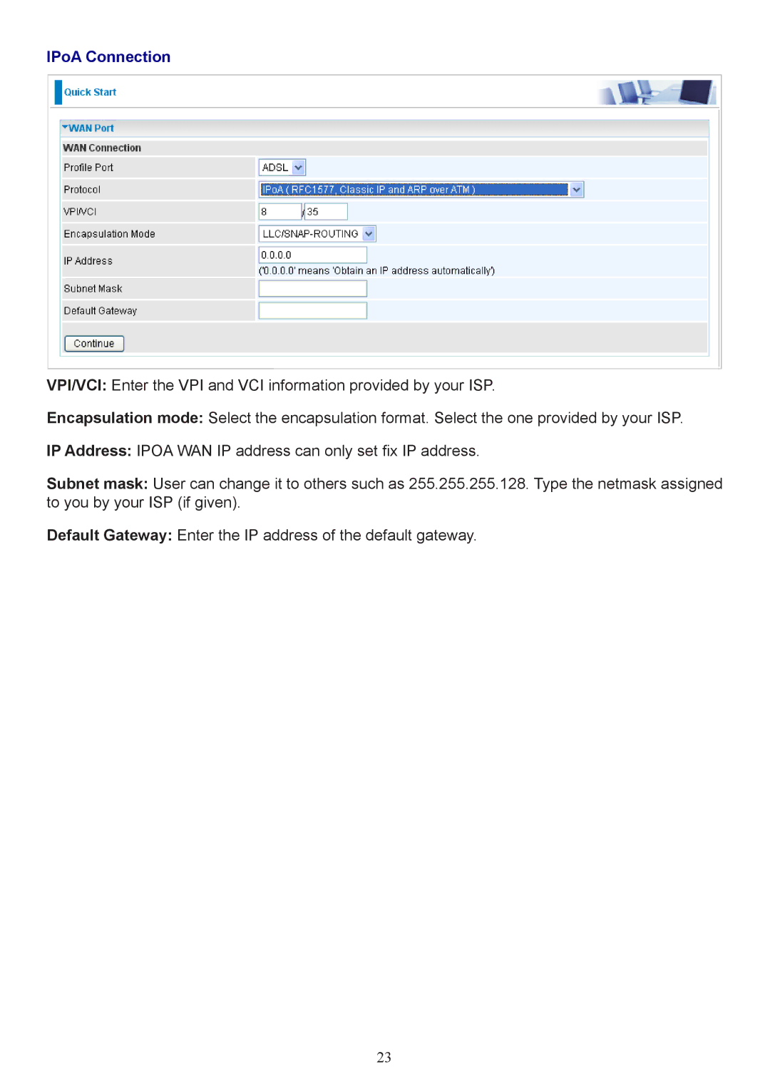 Billion Electric Company 7800 user manual IPoA Connection 