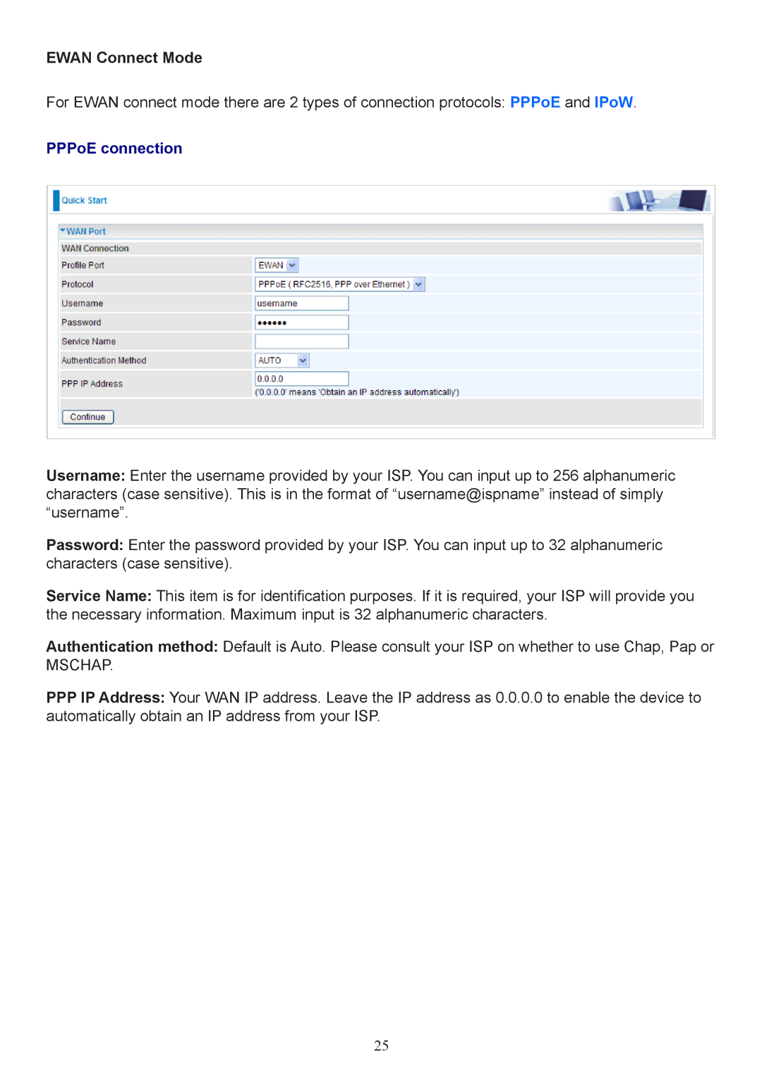 Billion Electric Company 7800 user manual Ewan Connect Mode, PPPoE connection 