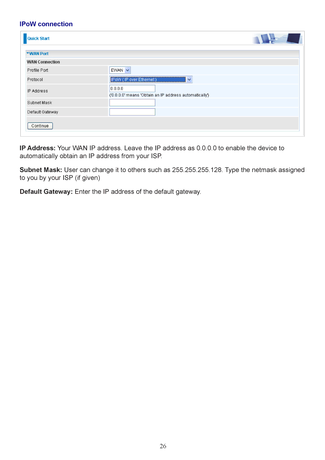 Billion Electric Company 7800 user manual IPoW connection 