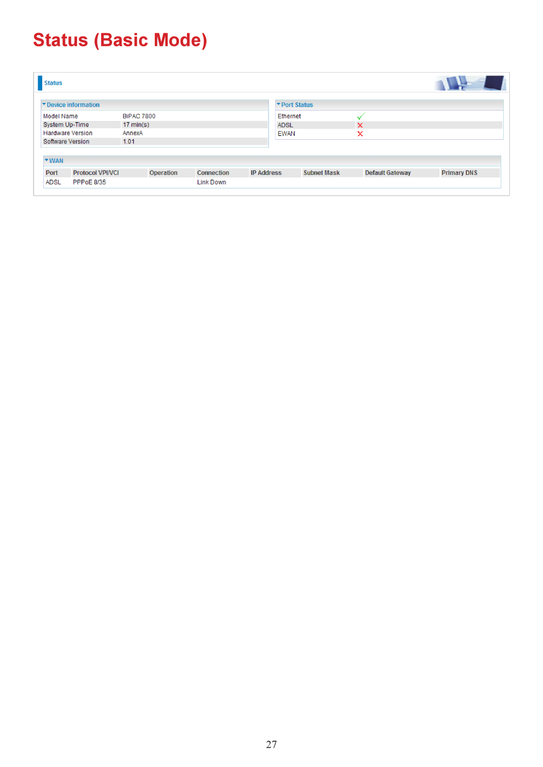 Billion Electric Company 7800 user manual Status Basic Mode 