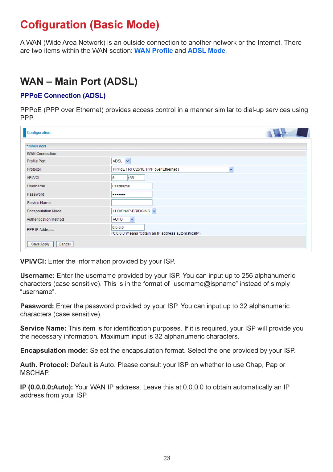 Billion Electric Company 7800 user manual Cofiguration Basic Mode, WAN Main Port Adsl, PPPoE Connection Adsl 