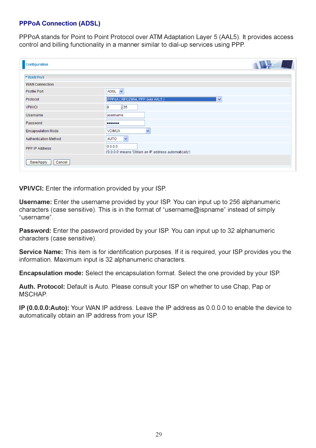 Billion Electric Company 7800 user manual PPPoA Connection Adsl 