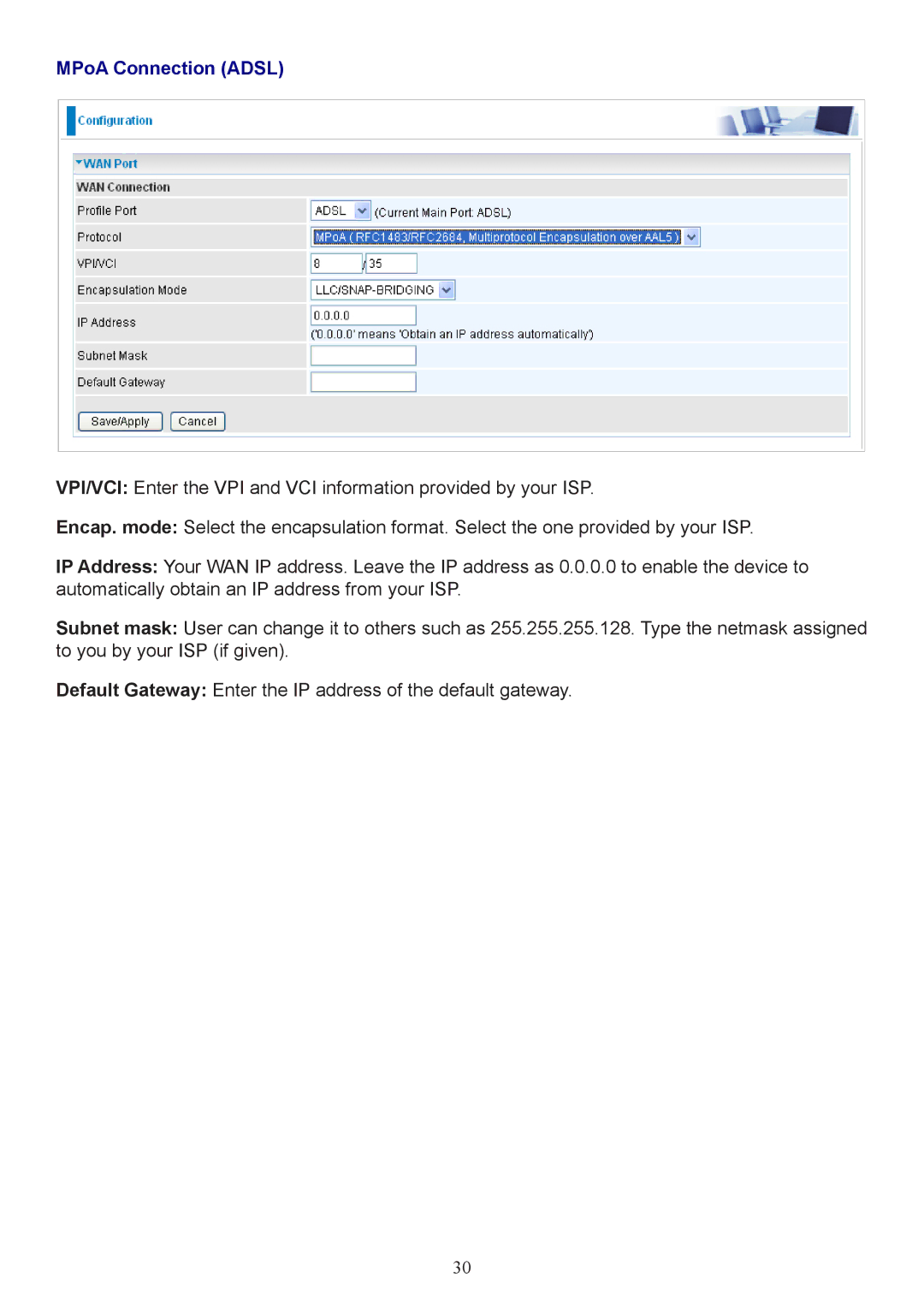 Billion Electric Company 7800 user manual MPoA Connection Adsl 