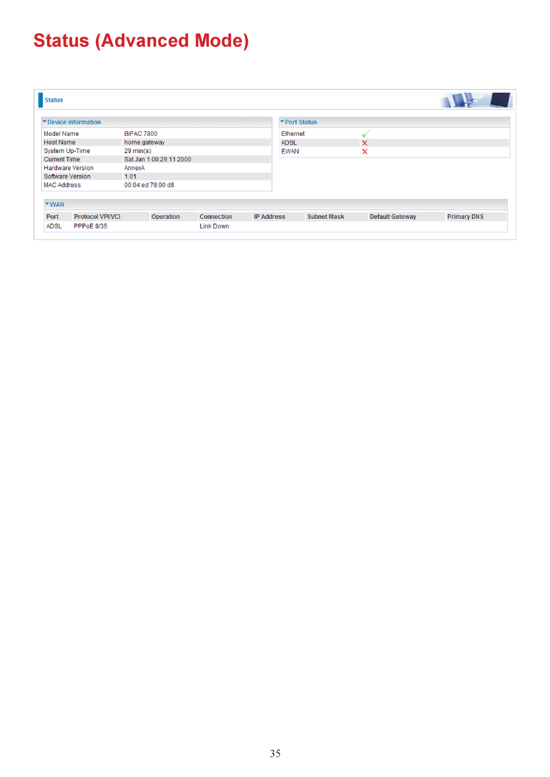 Billion Electric Company 7800 user manual Status Advanced Mode 