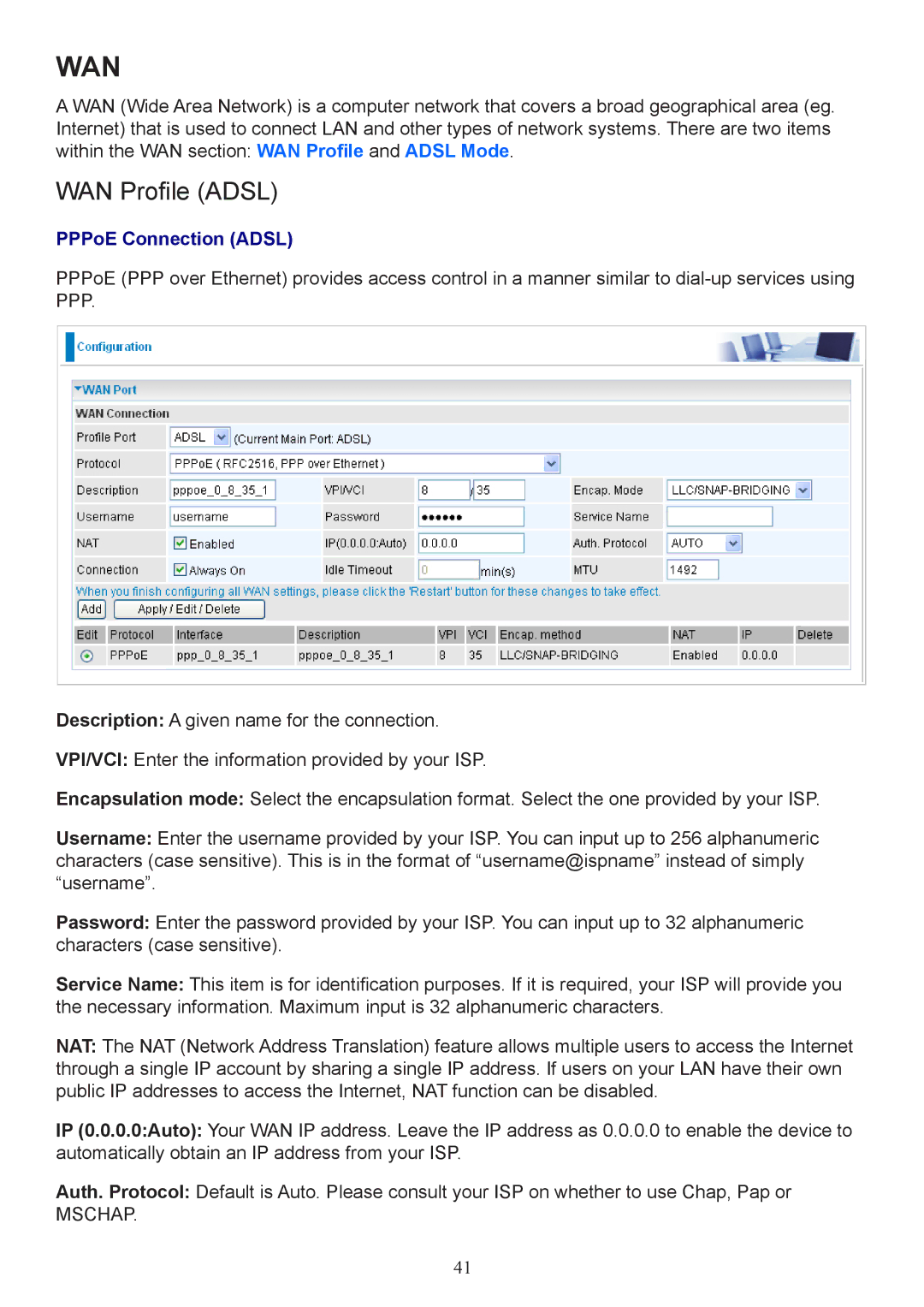 Billion Electric Company 7800 user manual Wan, WAN Profile Adsl 