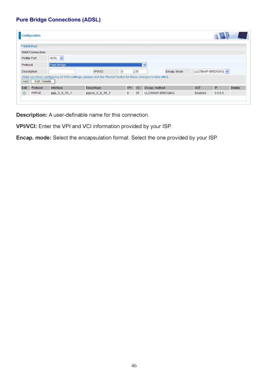 Billion Electric Company 7800 user manual Pure Bridge Connections Adsl 