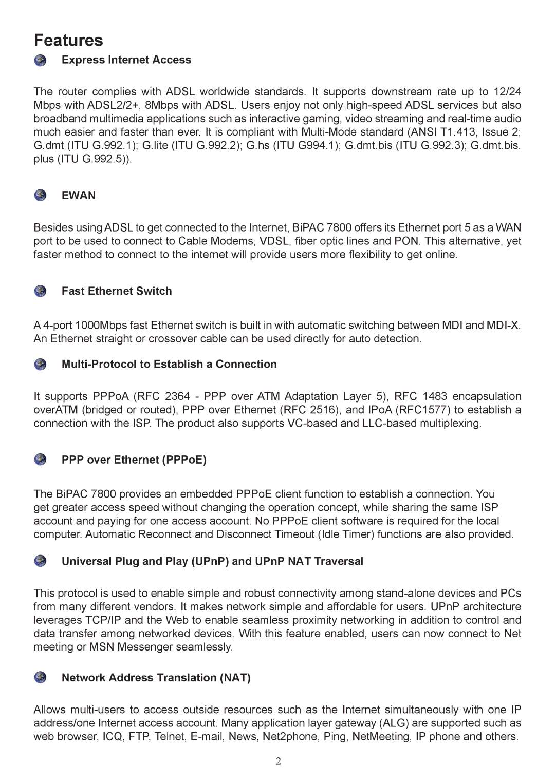 Billion Electric Company 7800 user manual Features 