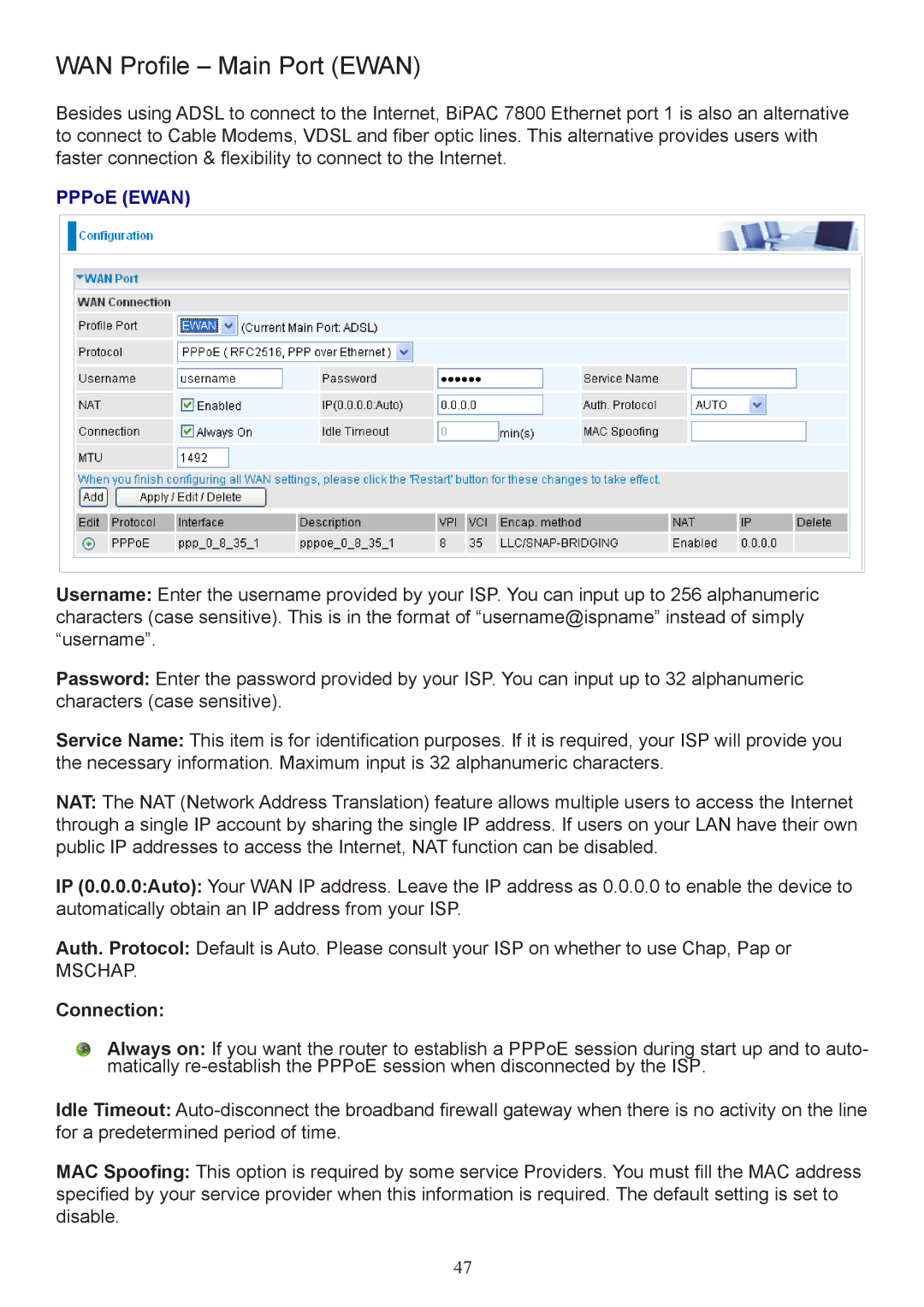 Billion Electric Company 7800 user manual WAN Profile Main Port Ewan, PPPoE Ewan 