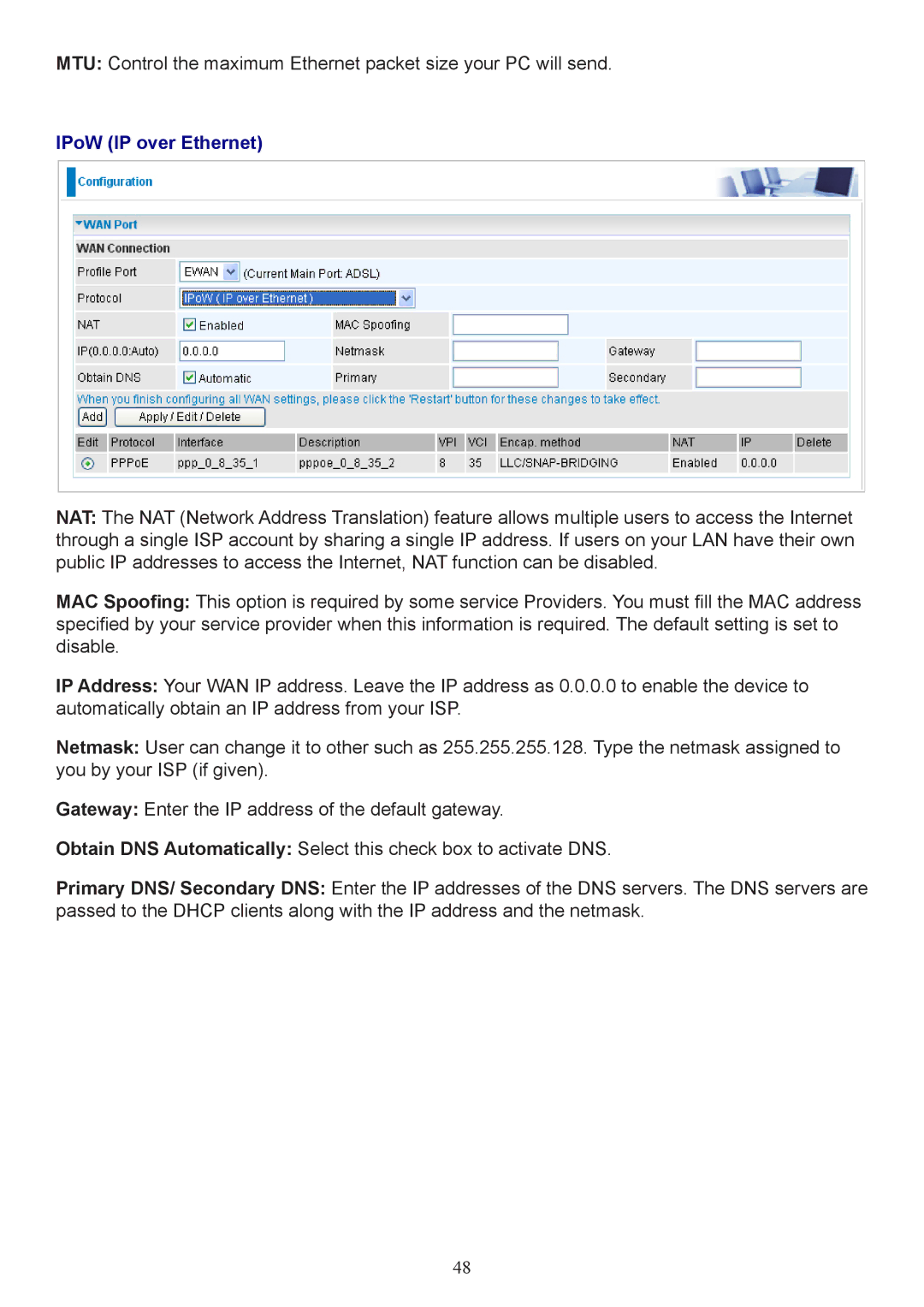 Billion Electric Company 7800 user manual IPoW IP over Ethernet 