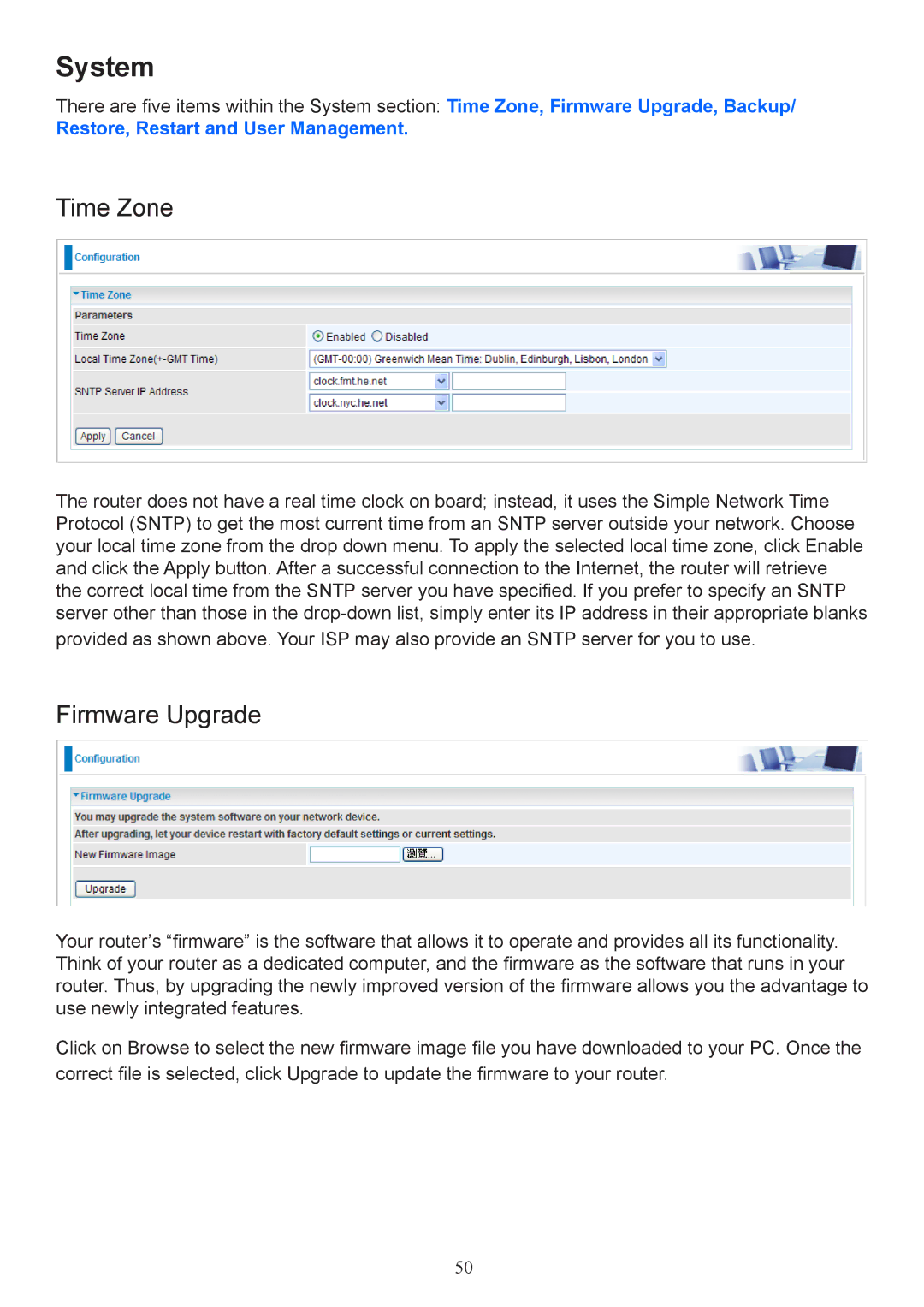 Billion Electric Company 7800 user manual System, Time Zone, Firmware Upgrade 