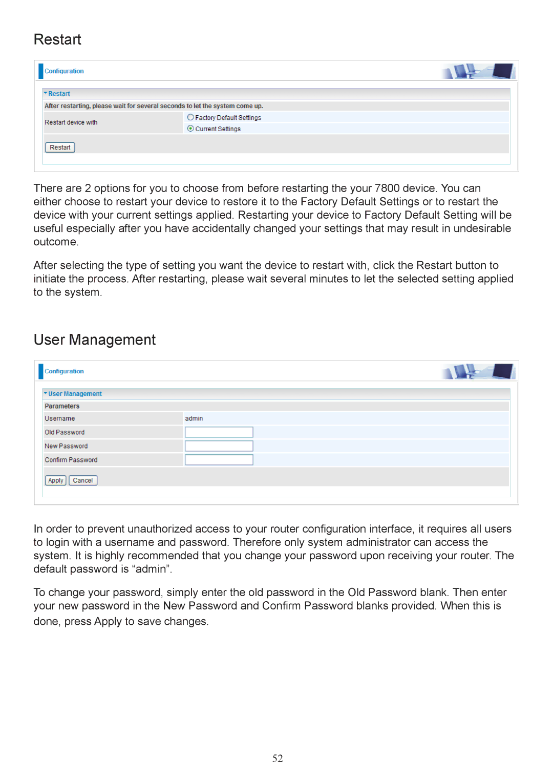 Billion Electric Company 7800 user manual Restart, User Management 