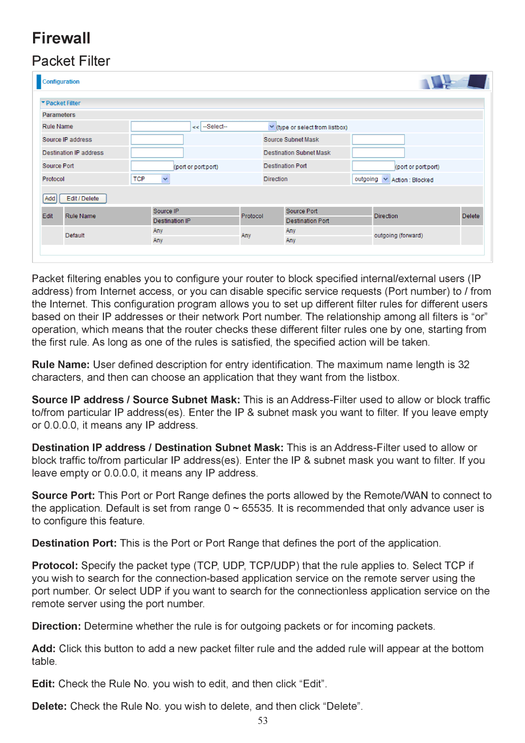 Billion Electric Company 7800 user manual Firewall, Packet Filter 