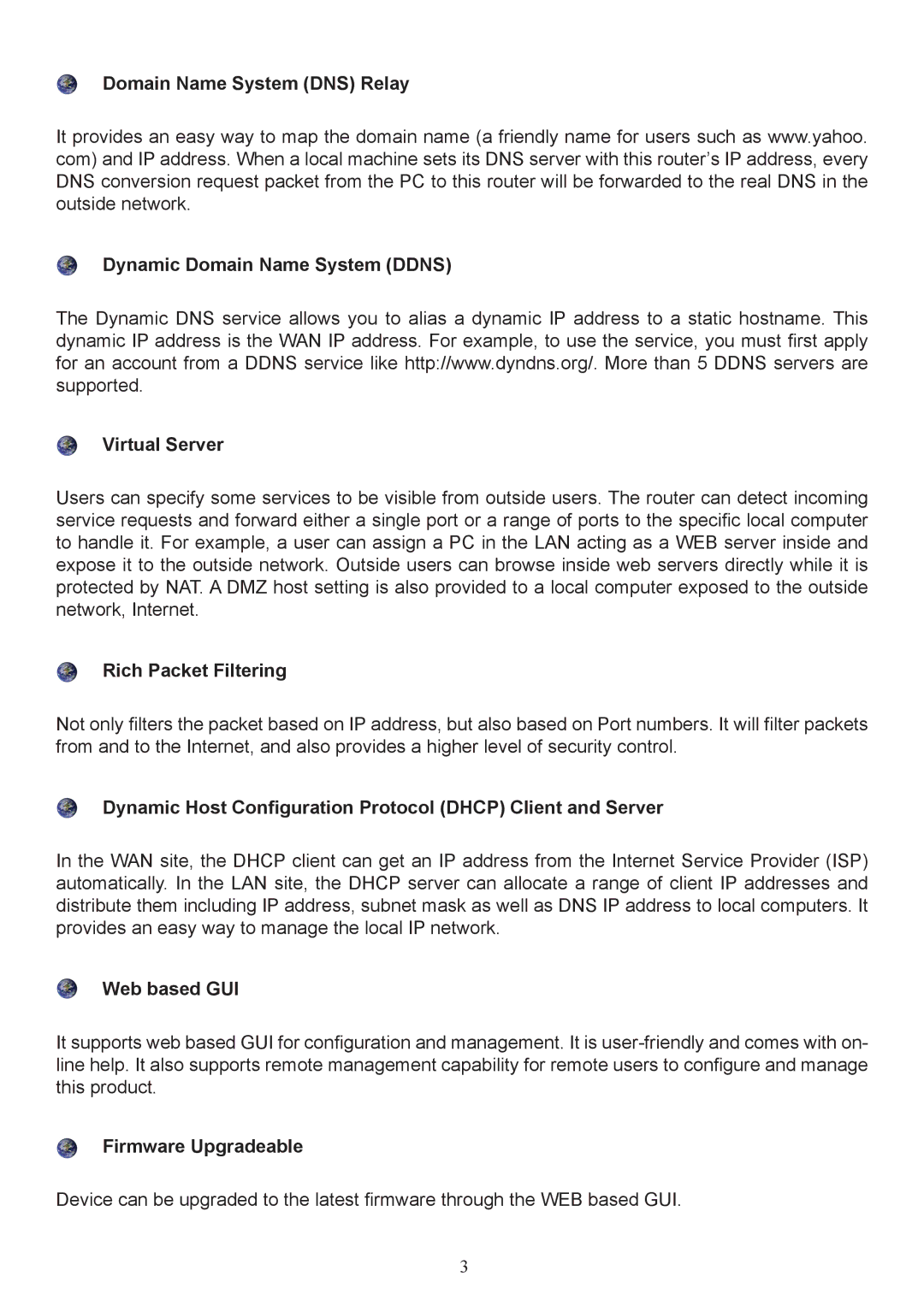 Billion Electric Company 7800 user manual Rich Packet Filtering, Dynamic Host Configuration Protocol Dhcp Client and Server 