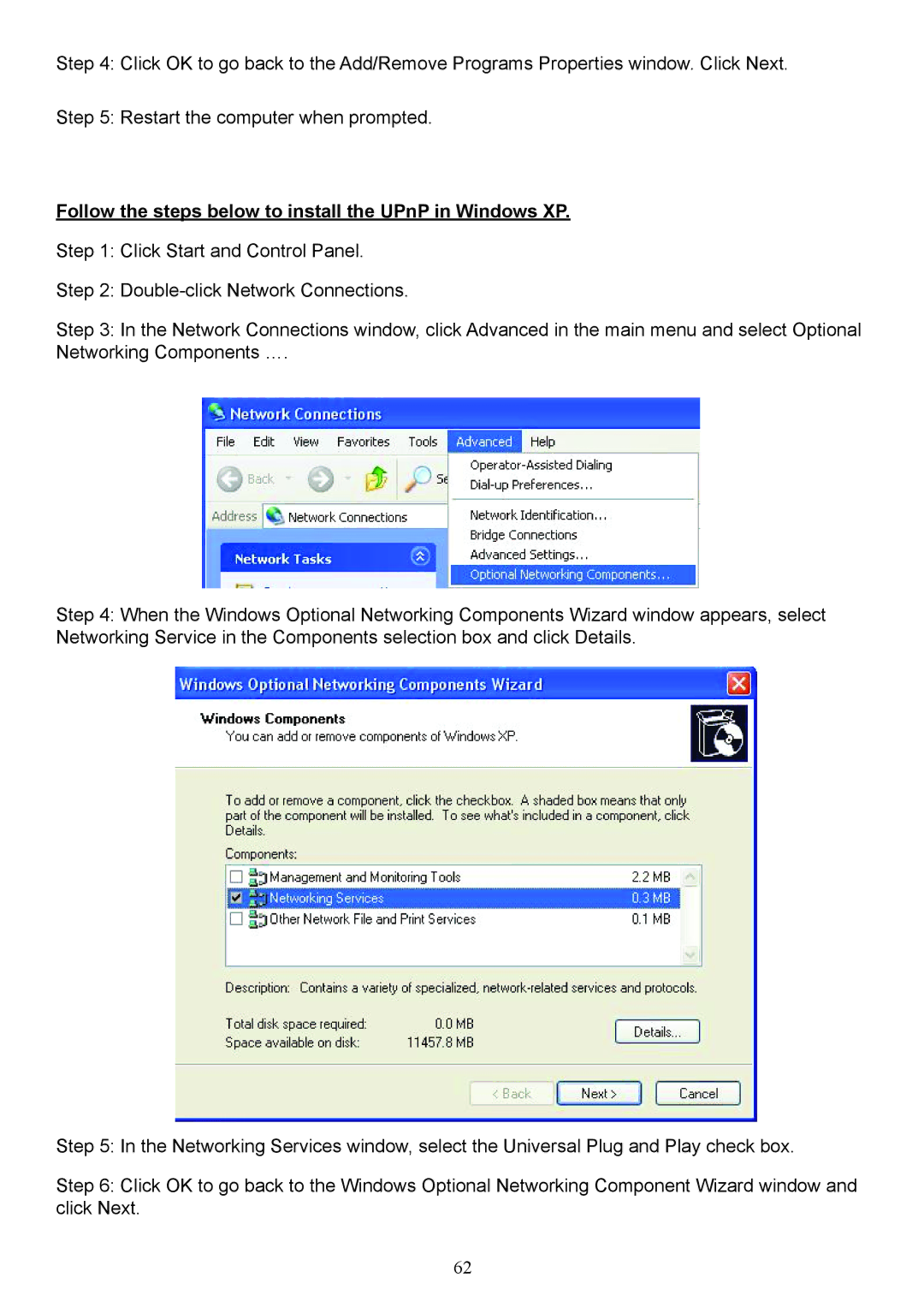 Billion Electric Company 7800 user manual Follow the steps below to install the UPnP in Windows XP 