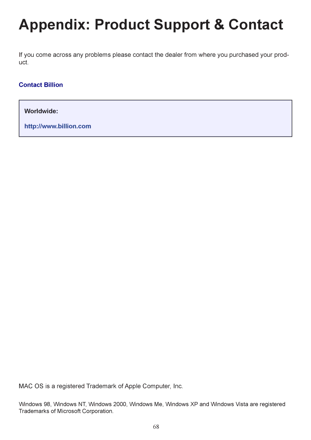 Billion Electric Company 7800 user manual Contact Billion, Worldwide 