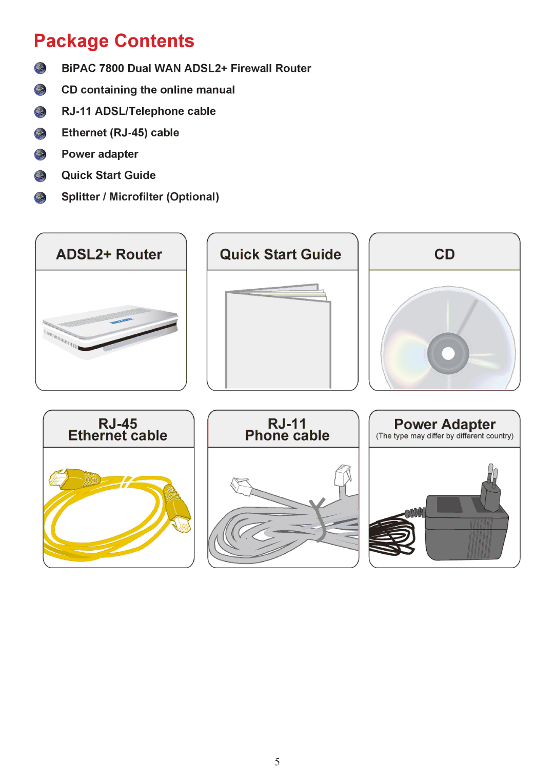 Billion Electric Company 7800 user manual Package Contents 