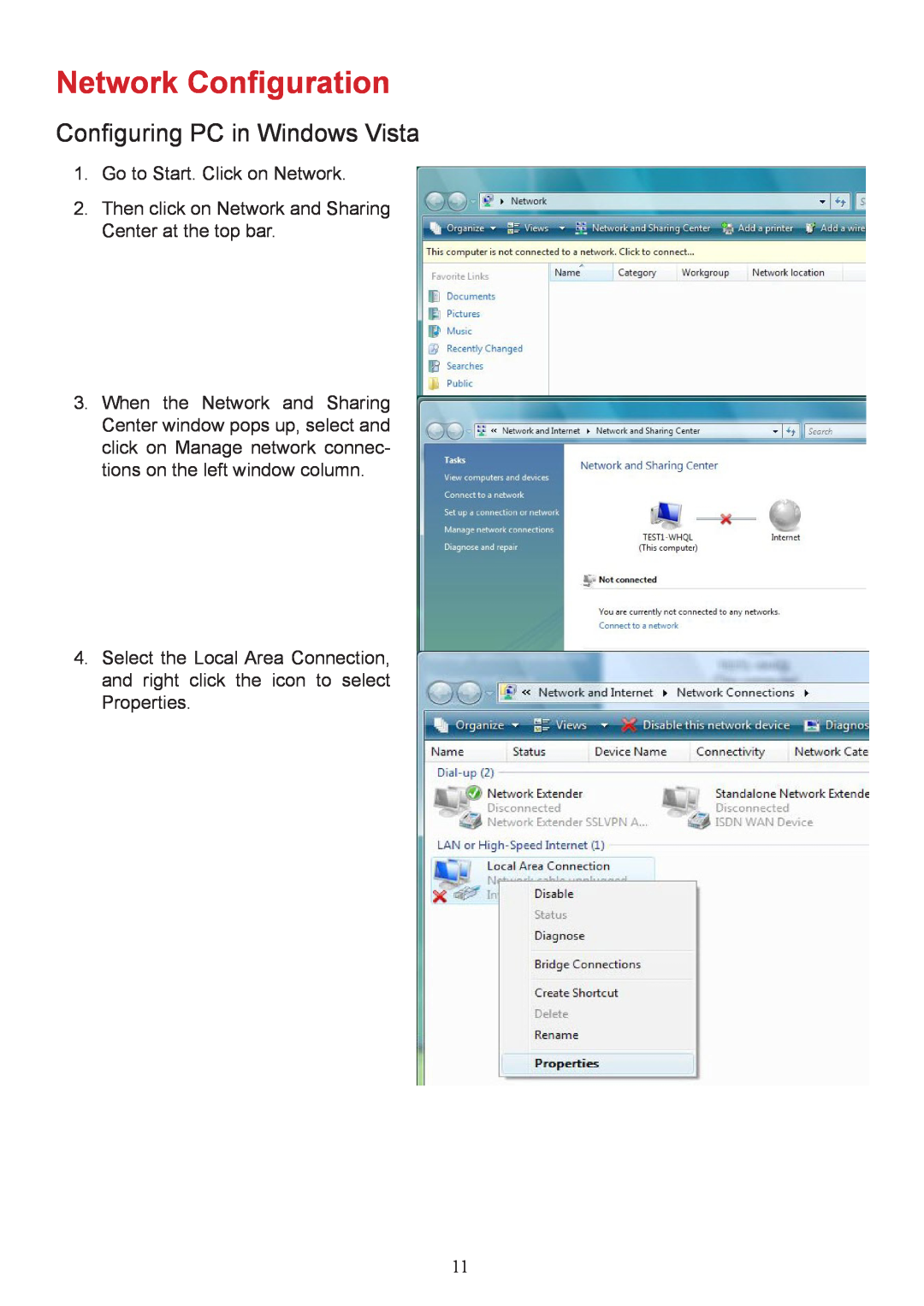 Billion Electric Company 7800 user manual Network Configuration, Configuring PC in Windows Vista 