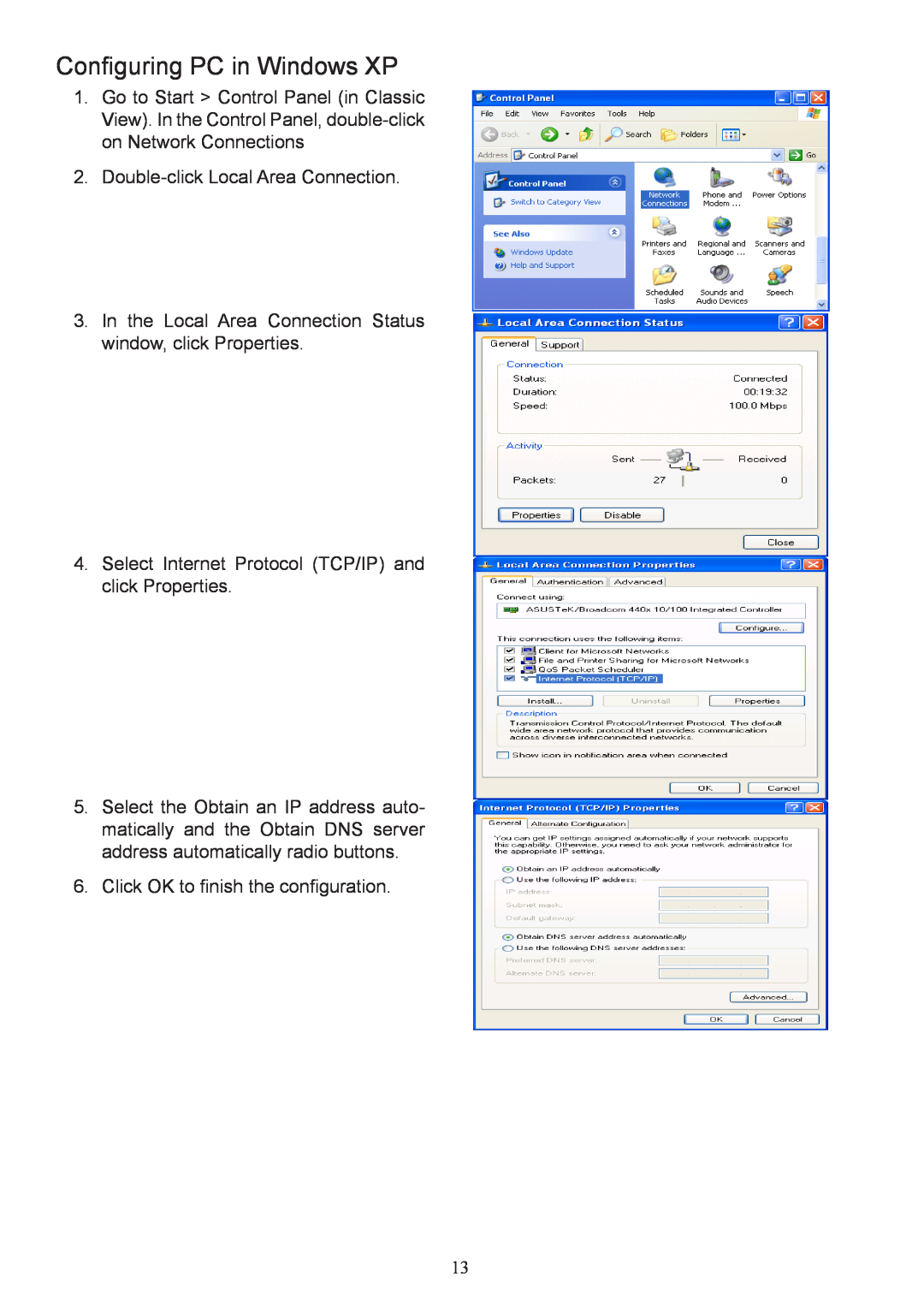 Billion Electric Company 7800 user manual Configuring PC in Windows XP 