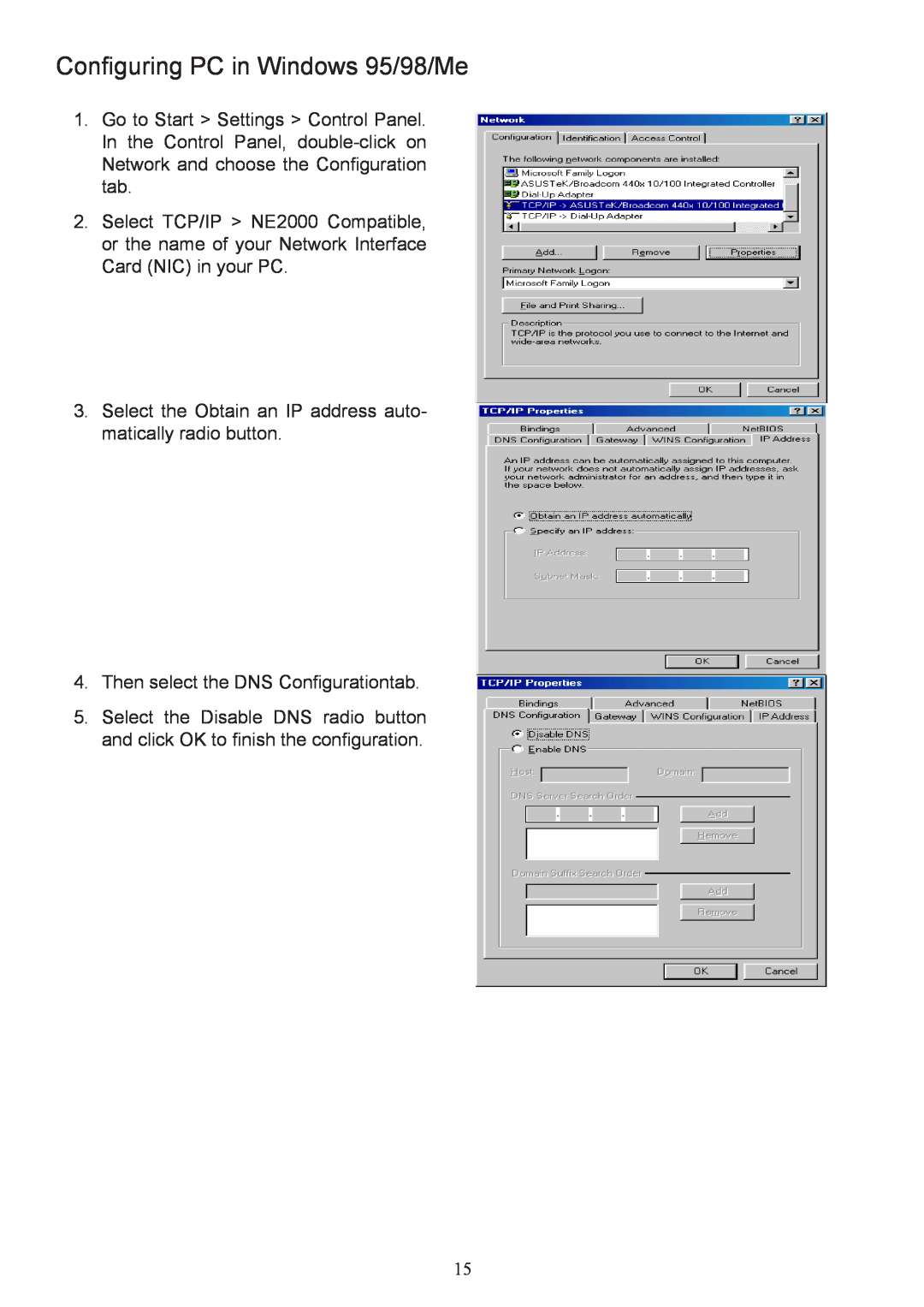 Billion Electric Company 7800 user manual Configuring PC in Windows 95/98/Me 